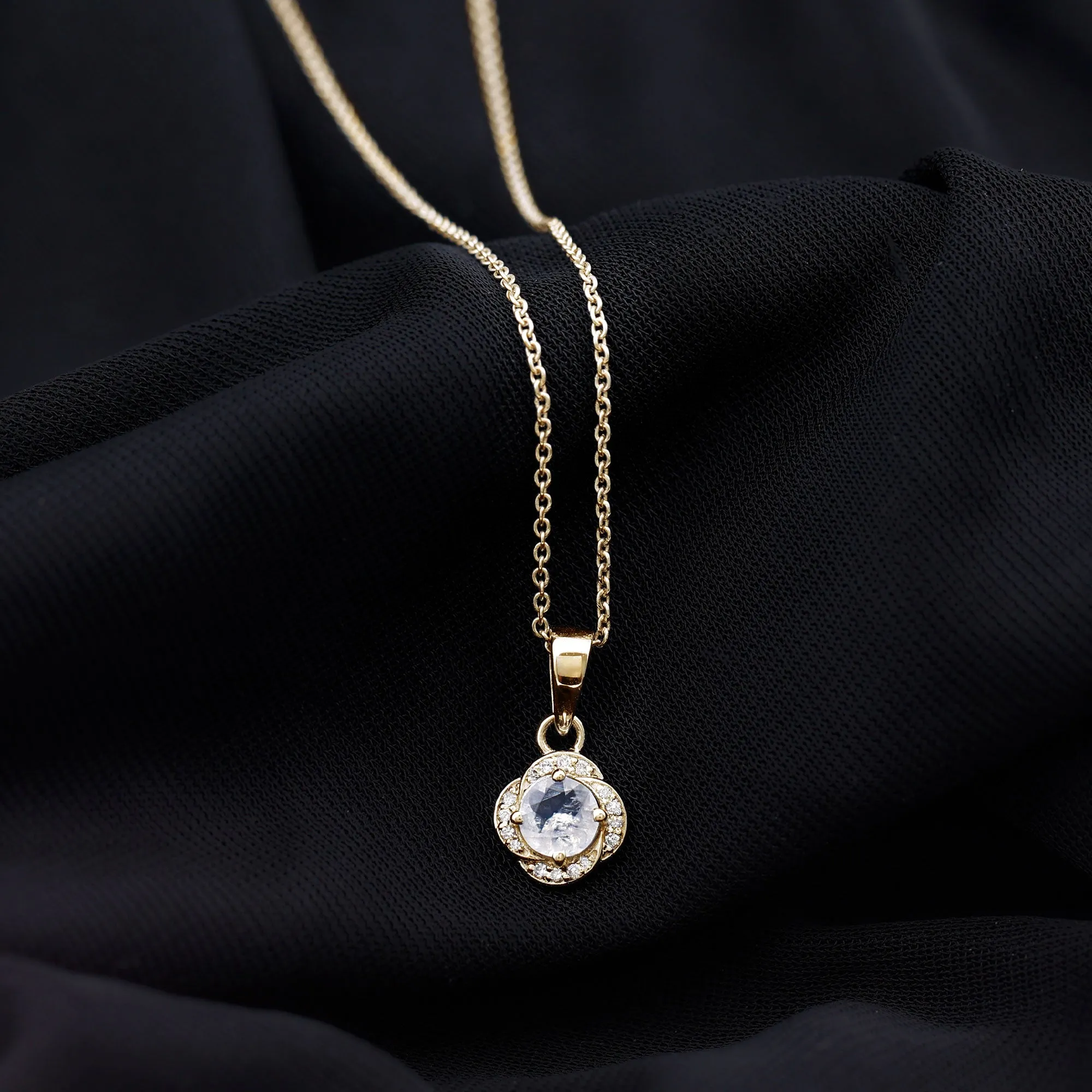 1/4 CT Moonstone and Diamond Solitaire Flower Pendant Necklace