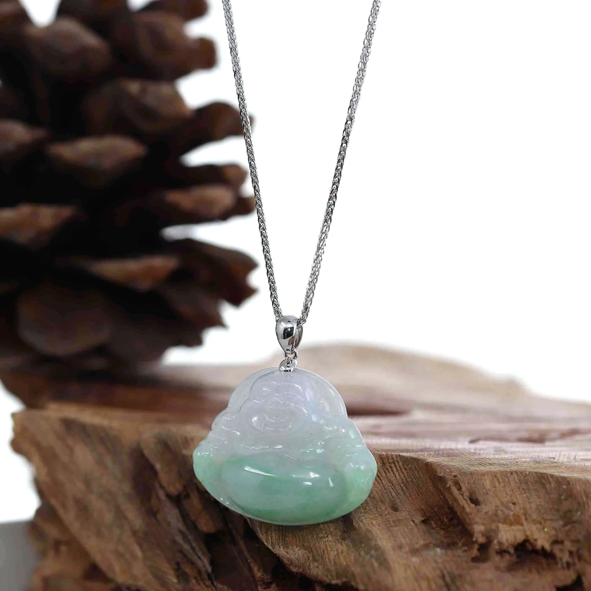 14k White Gold Bail "Laughing Buddha" Genuine Vibrant Lavender Green Jadeite Jade Buddha Pendant Necklace