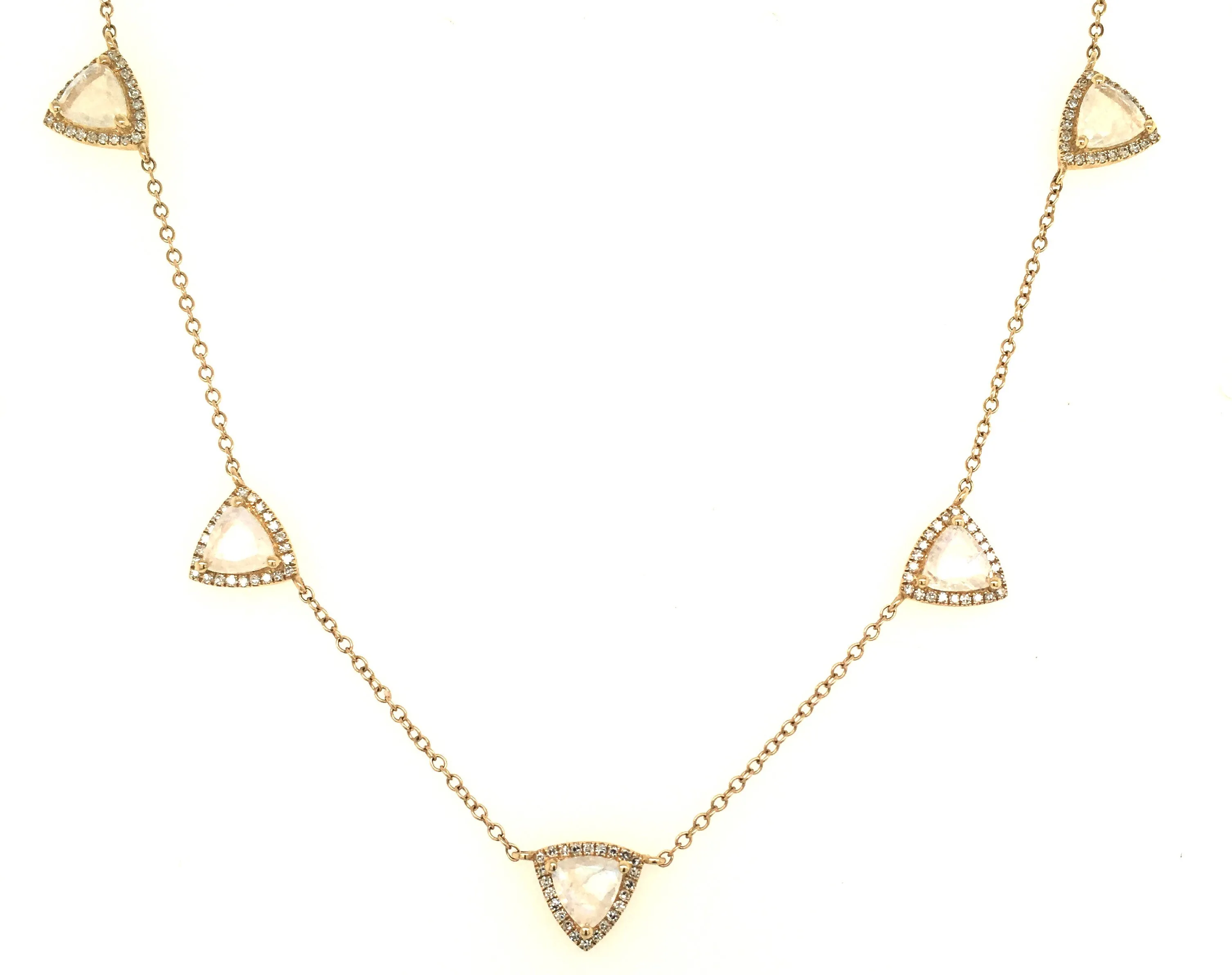 14K Yellow Gold Diamond   Triangle Rainbow Moonstone Necklace