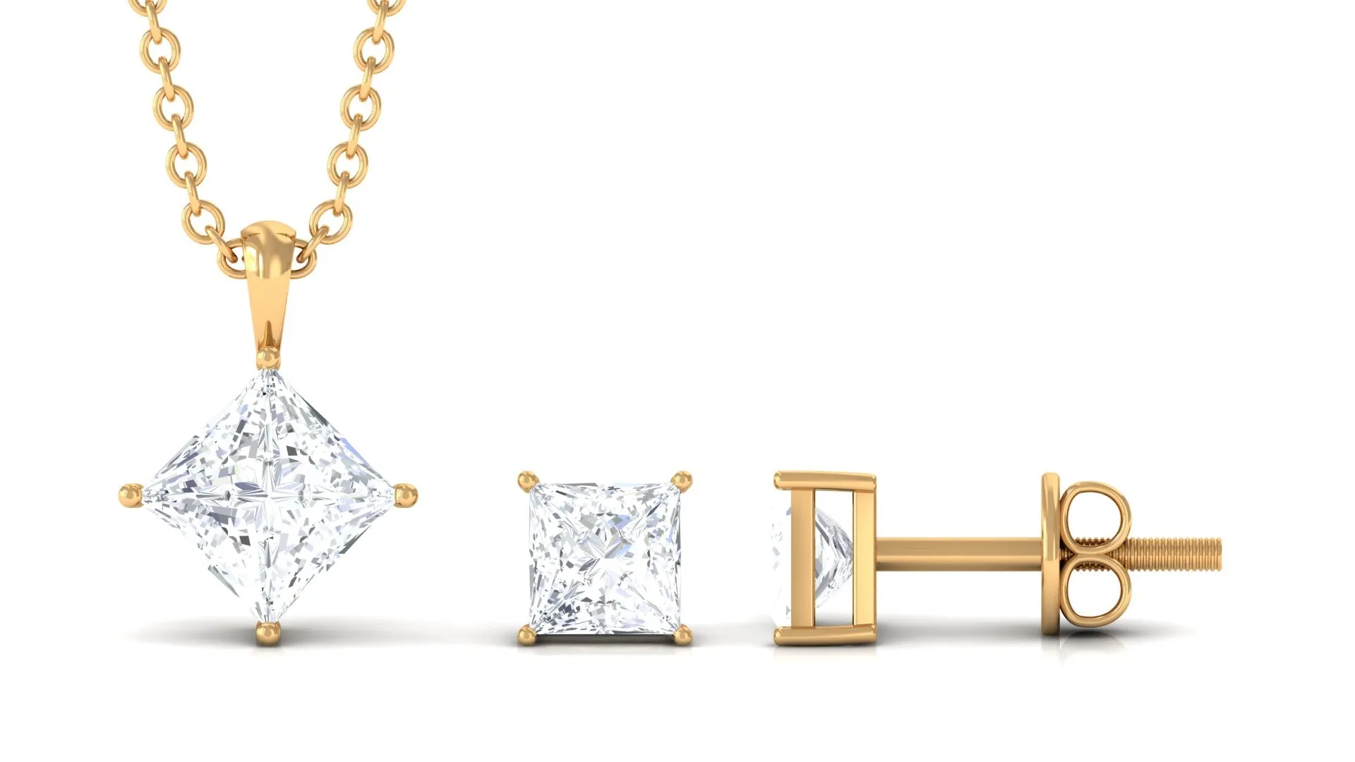 1.75 CT Princess Cut Cubic Zirconia Solitaire Pendant Necklace and Stud Earring Set