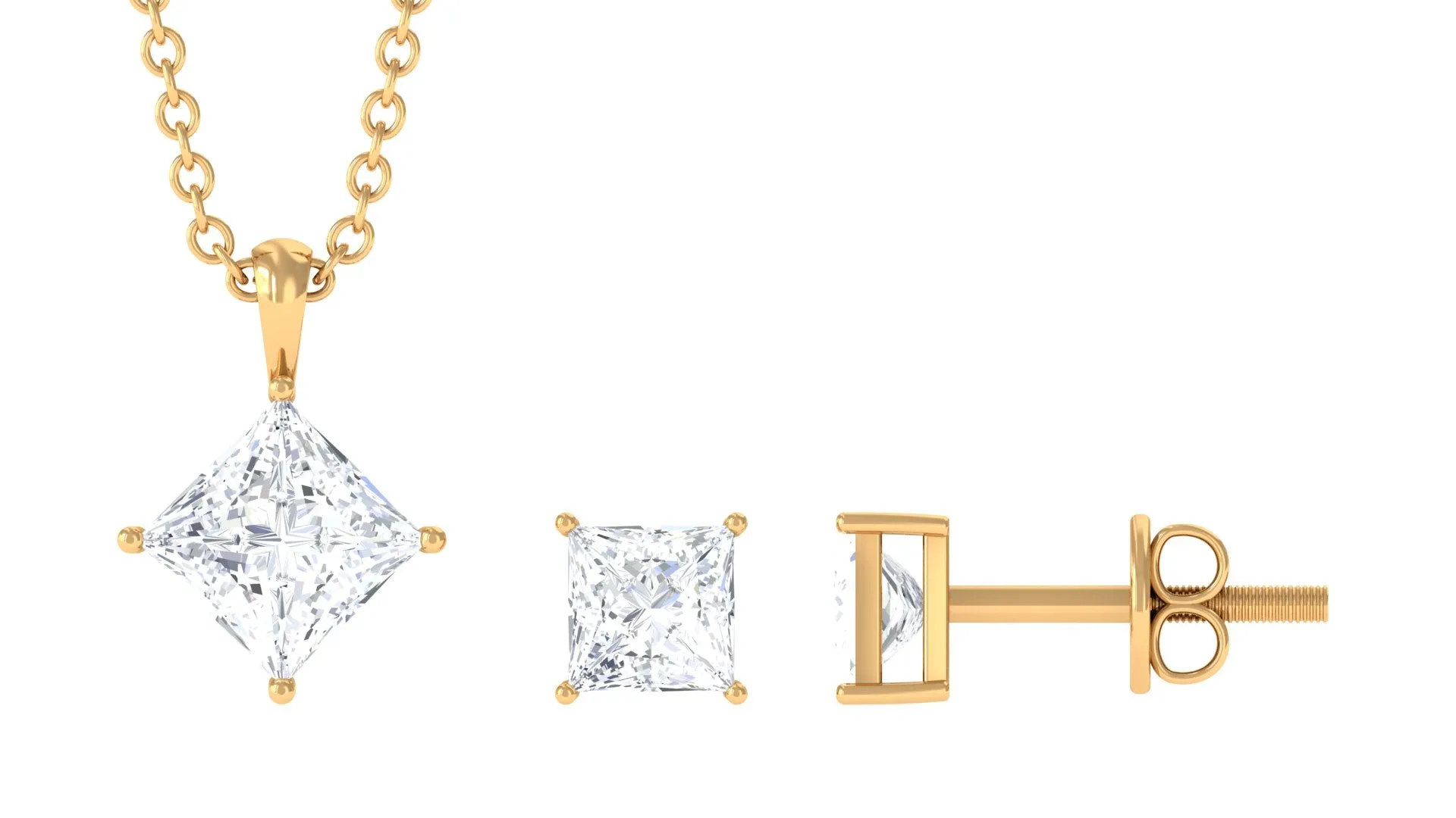 1.75 CT Princess Cut Cubic Zirconia Solitaire Pendant Necklace and Stud Earring Set