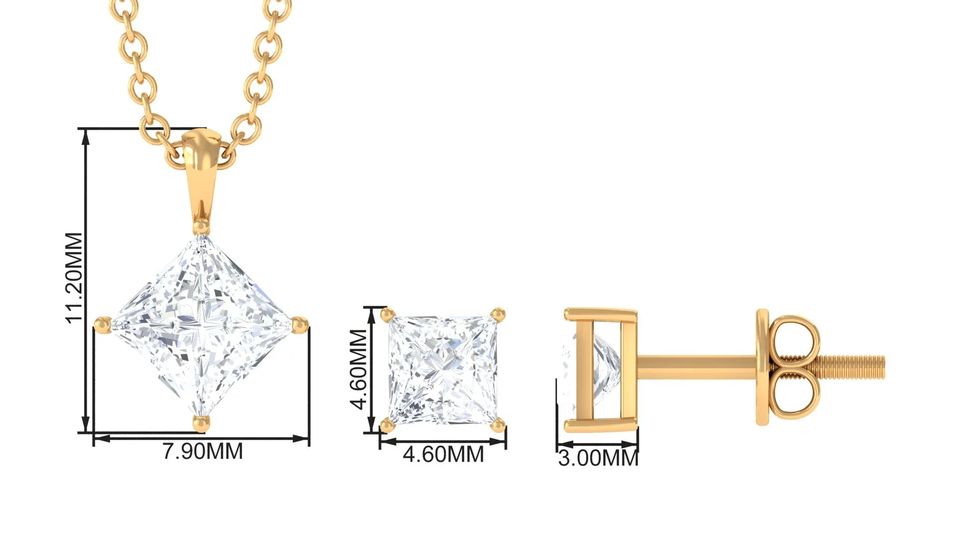 1.75 CT Princess Cut Cubic Zirconia Solitaire Pendant Necklace and Stud Earring Set