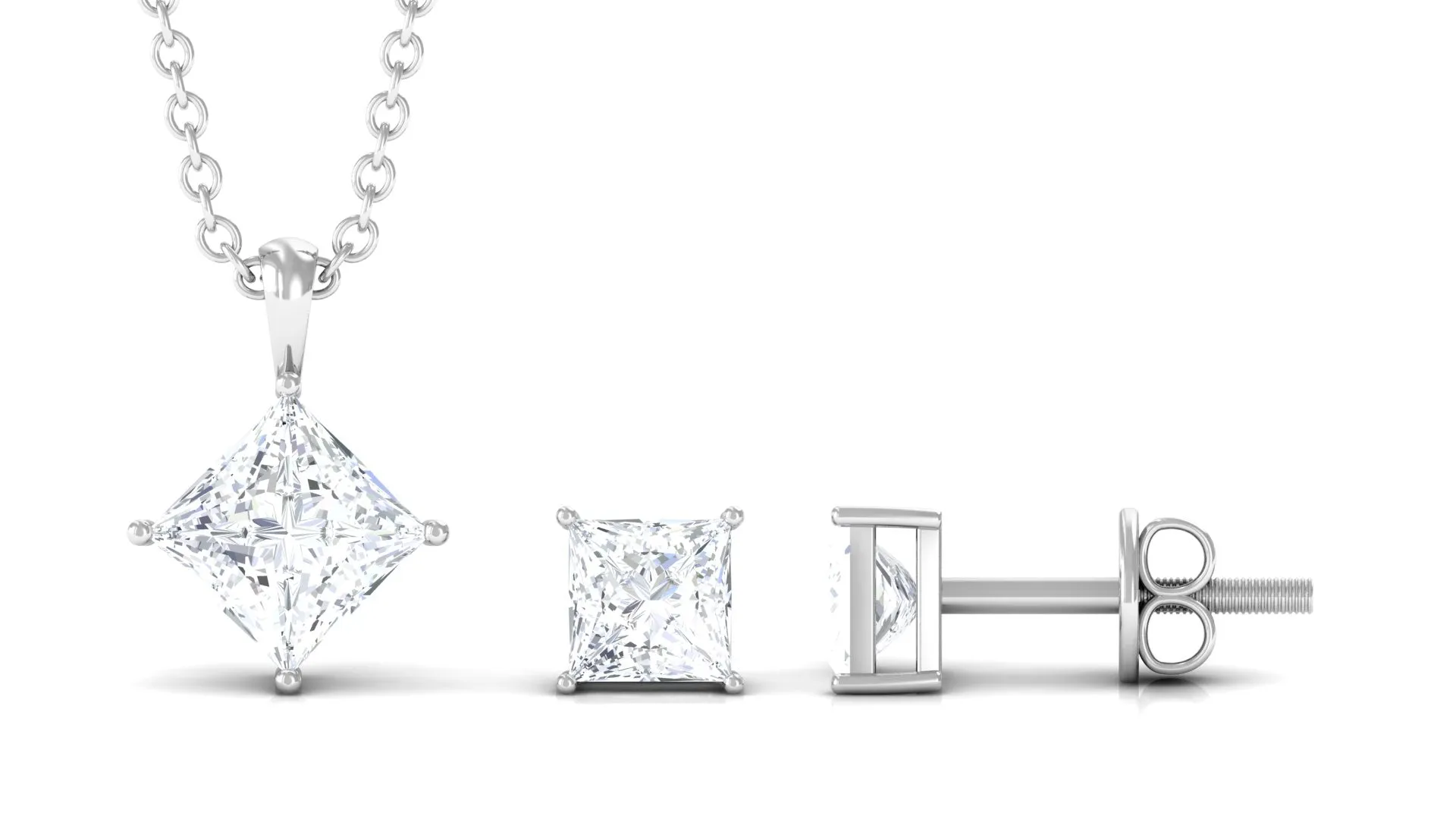 1.75 CT Princess Cut Cubic Zirconia Solitaire Pendant Necklace and Stud Earring Set