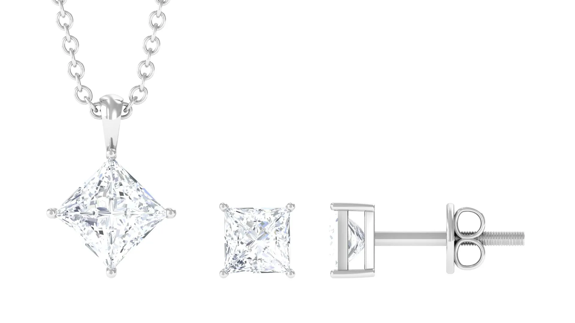 1.75 CT Princess Cut Cubic Zirconia Solitaire Pendant Necklace and Stud Earring Set