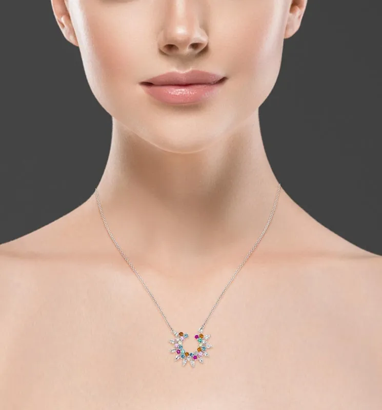 18k Amazonia (cocar) White Gold Necklace With 0.68 Cts Vs-Gh Diamonds  And Citrine And Topaz And Sapphire And Ruby And Emerald And Peridot