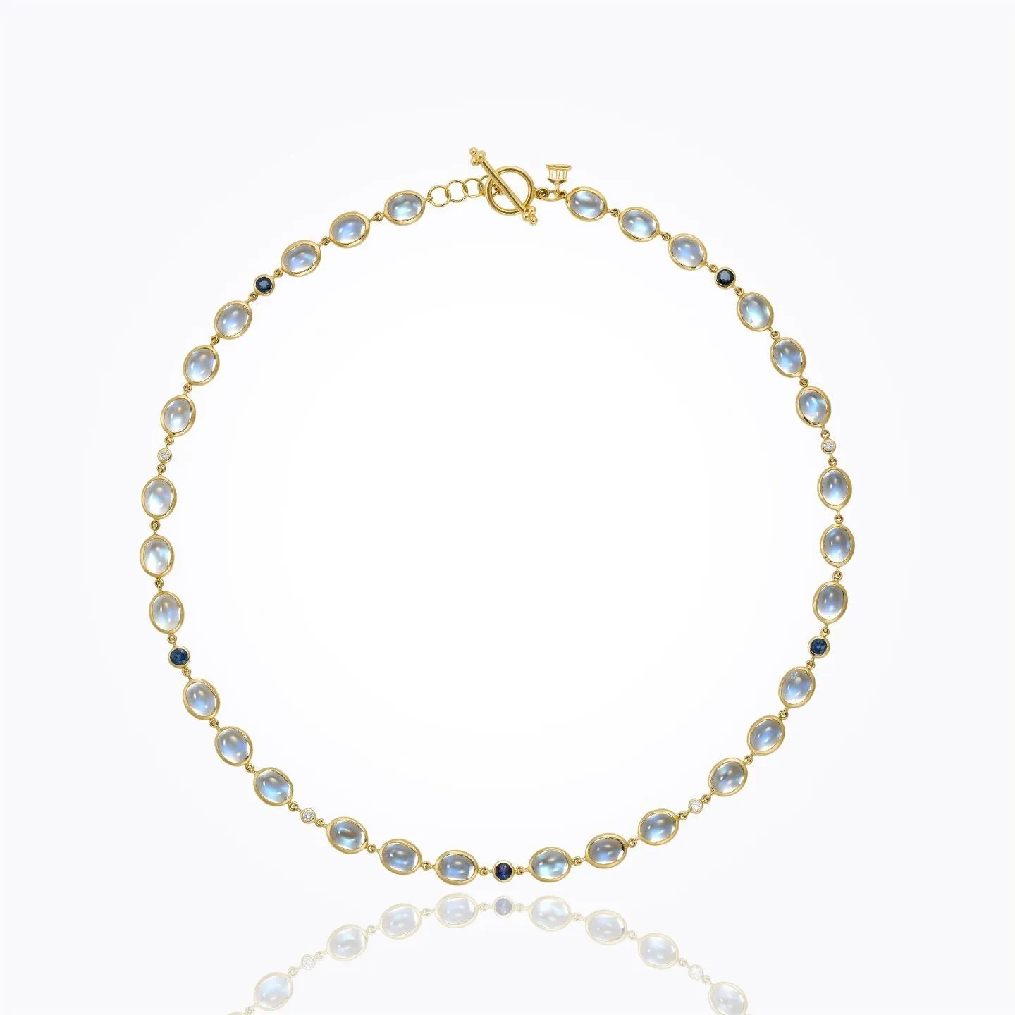 18K Classic Oval Necklace with Royal Blue Moonstone, faceted blue sapphire and diamond