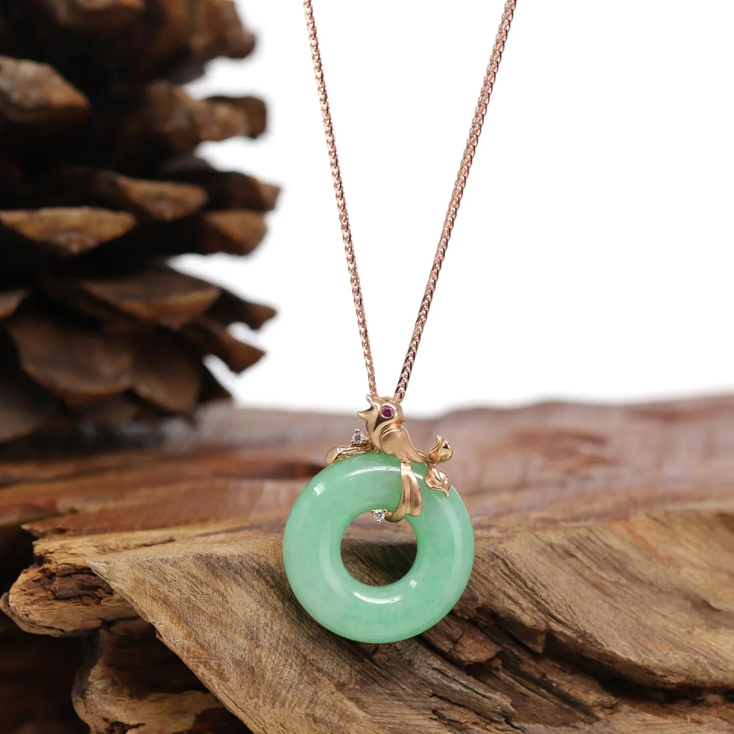 18k Rose Gold Genuine Burmese Jadeite Lucky Pendant Necklace With AA Ruby