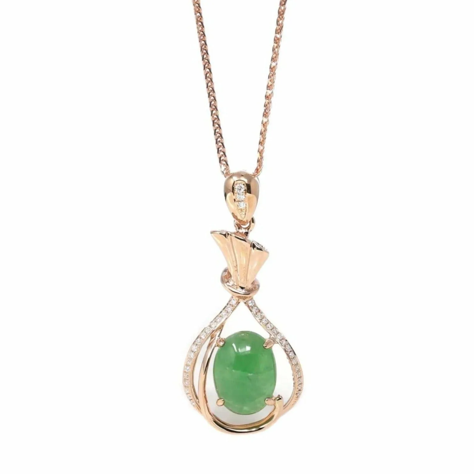 18K Rose Gold Oval Imperial Jadeite Jade Money Bag Necklace with Diamonds