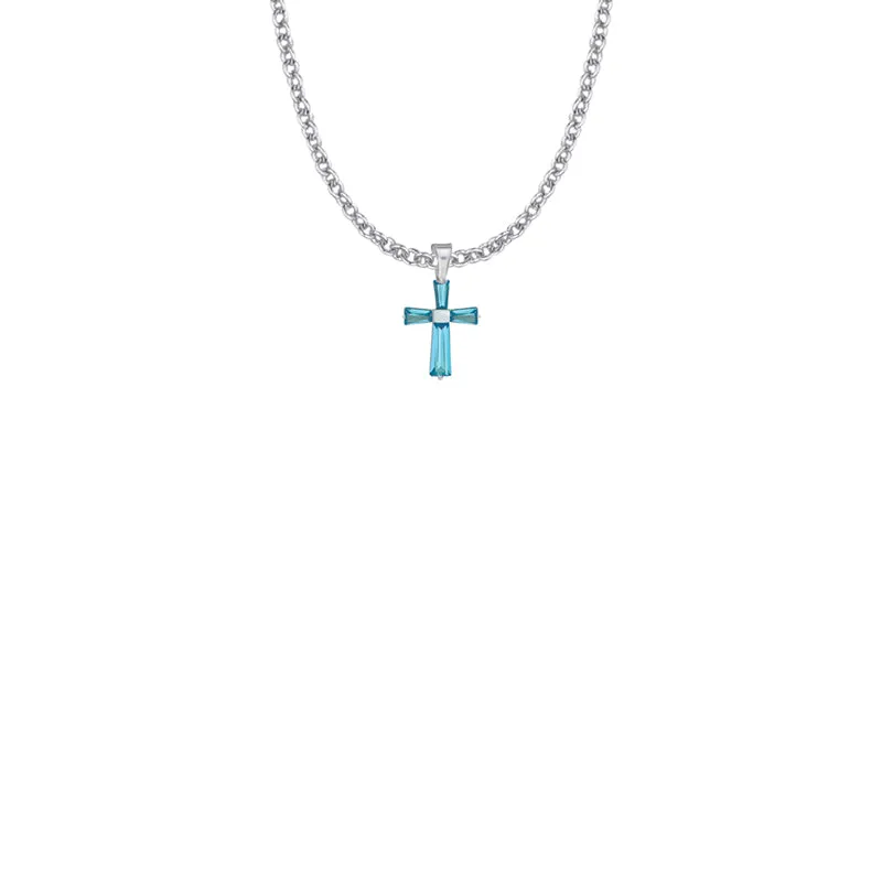 5/8 Inch Sterling Silver and Glass Crystal December Birthstone Baguette Cross Necklace