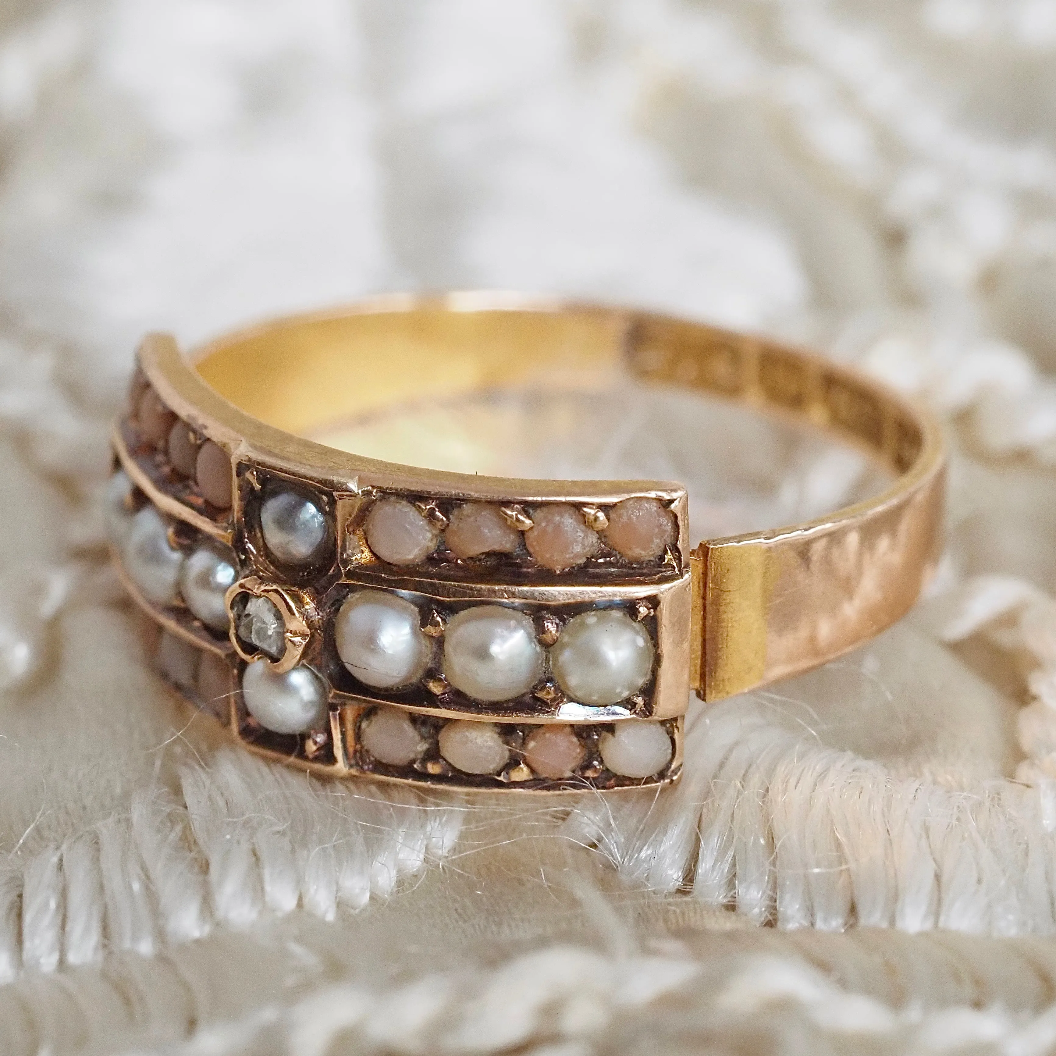 Antique Victorian 15k Gold Coral Diamond and Seed Pearl Ring