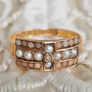 Antique Victorian 15k Gold Coral Diamond and Seed Pearl Ring