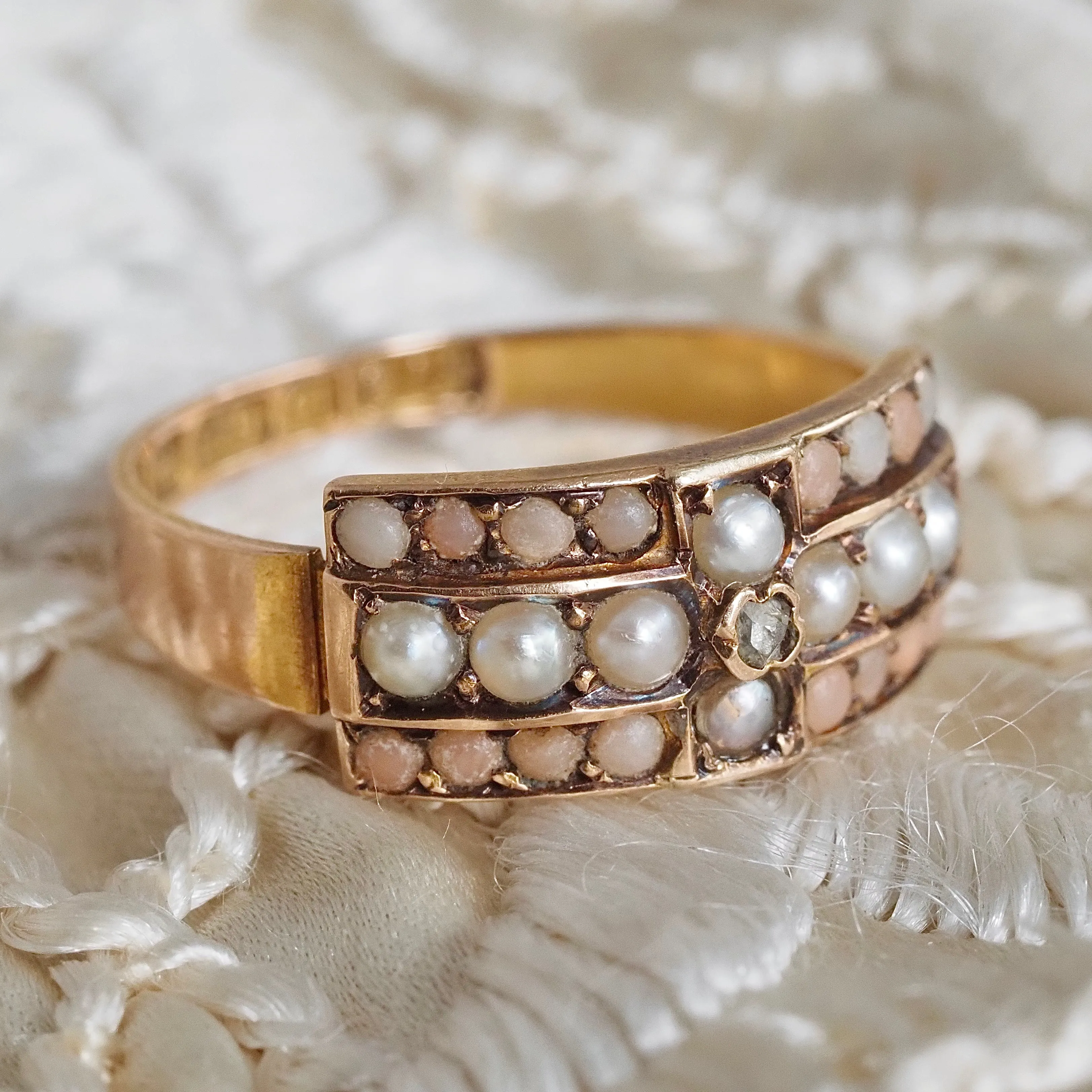 Antique Victorian 15k Gold Coral Diamond and Seed Pearl Ring