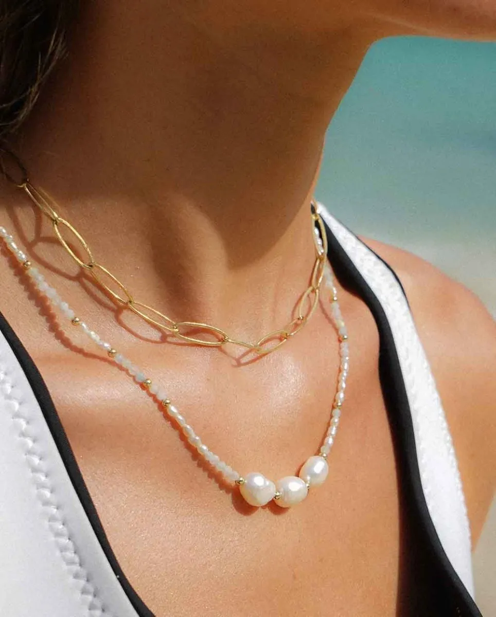 Aquamarine & Moonstone 3 Pearl Necklace