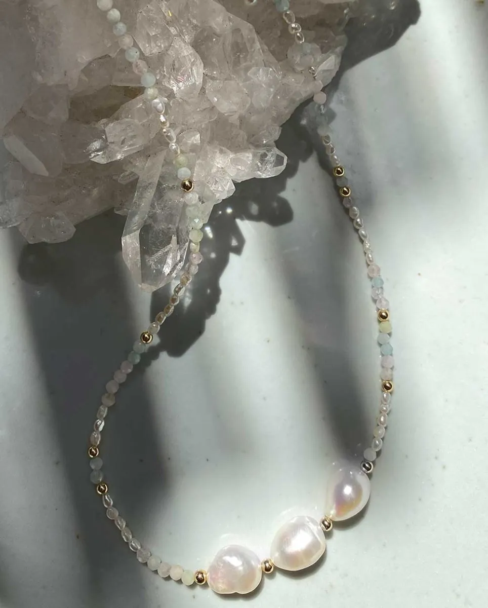 Aquamarine & Moonstone 3 Pearl Necklace