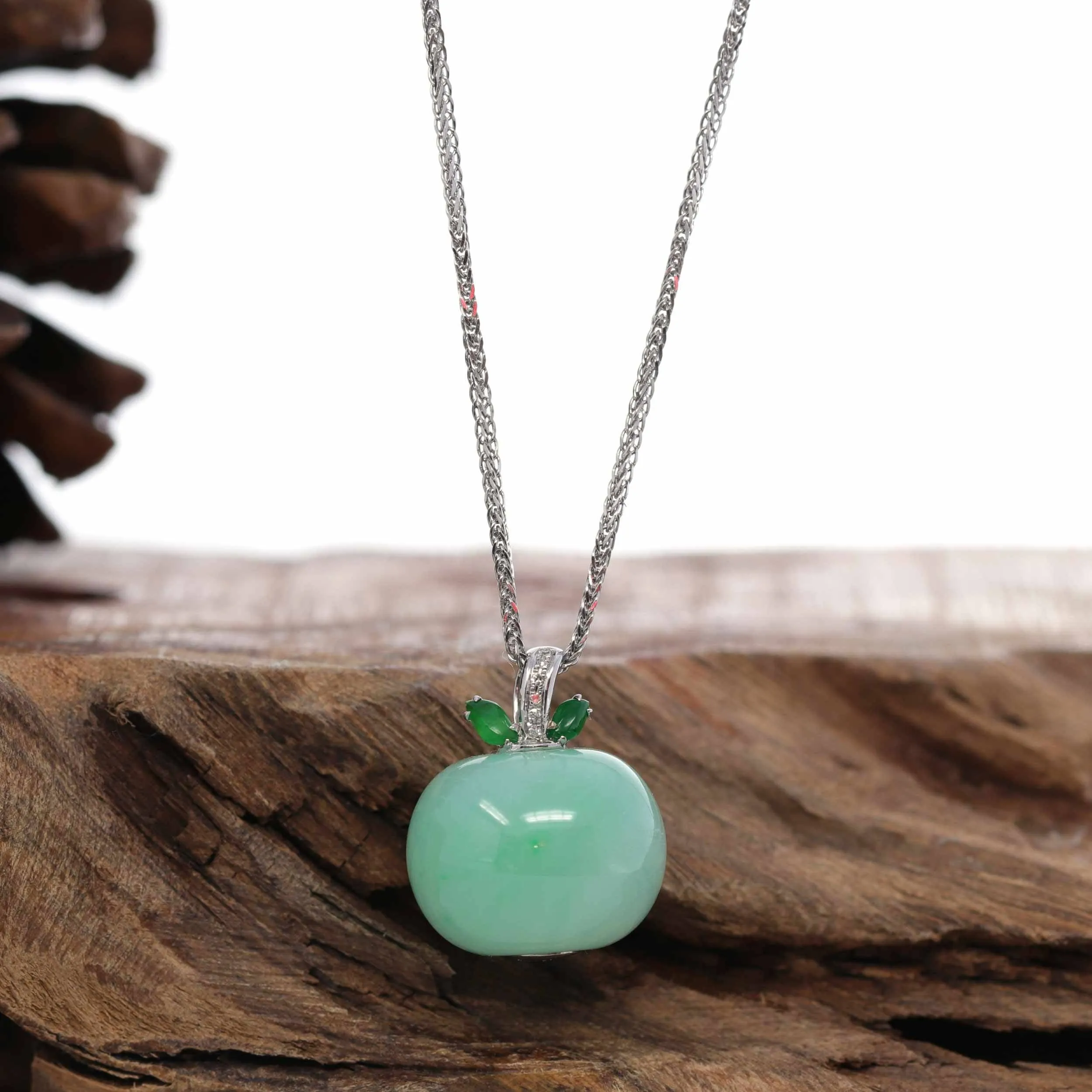 Baikalla™ "Lucky Apple" 18k White Gold Genuine Green Jadeite Jade with VS1 Diamonds