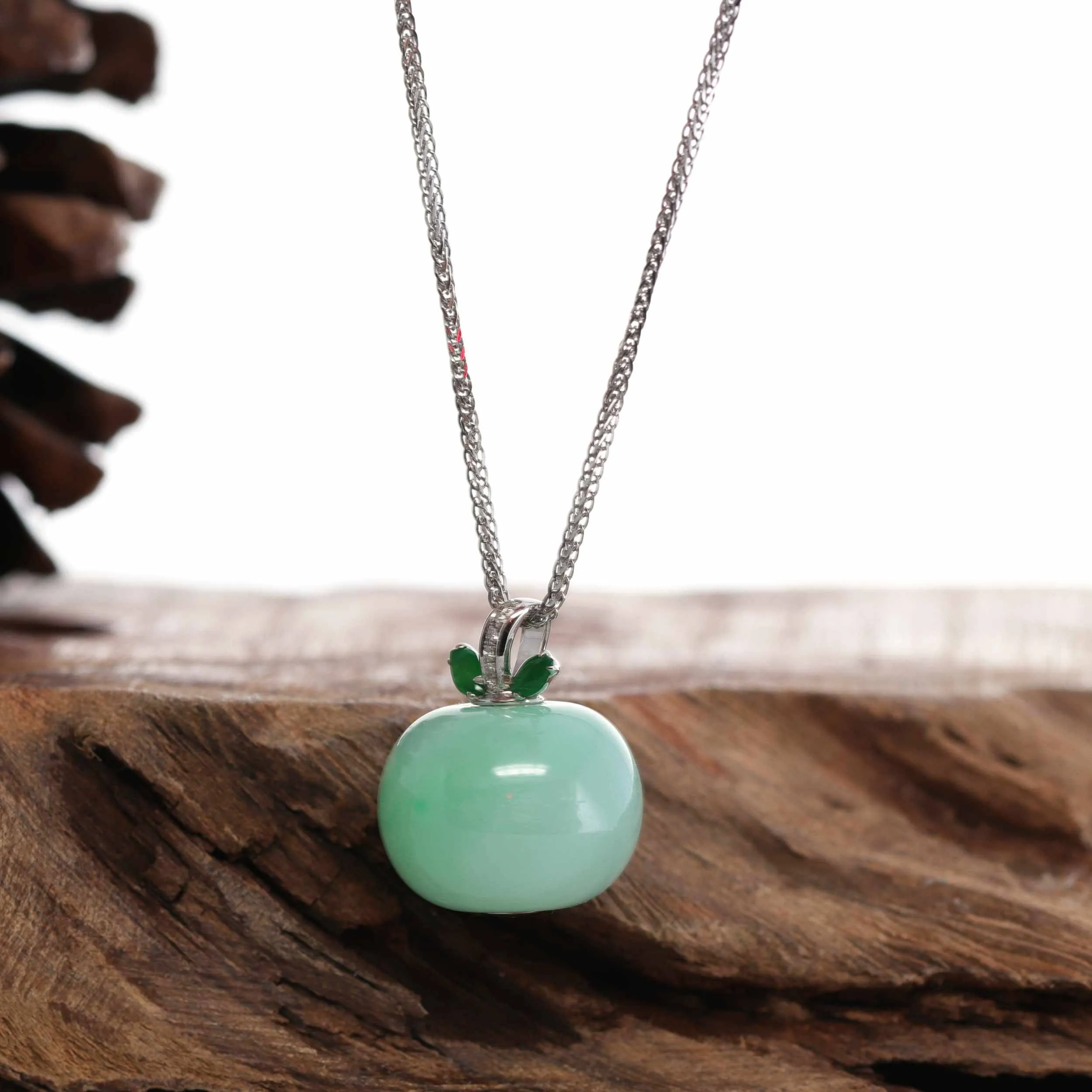 Baikalla™ "Lucky Apple" 18k White Gold Genuine Green Jadeite Jade with VS1 Diamonds