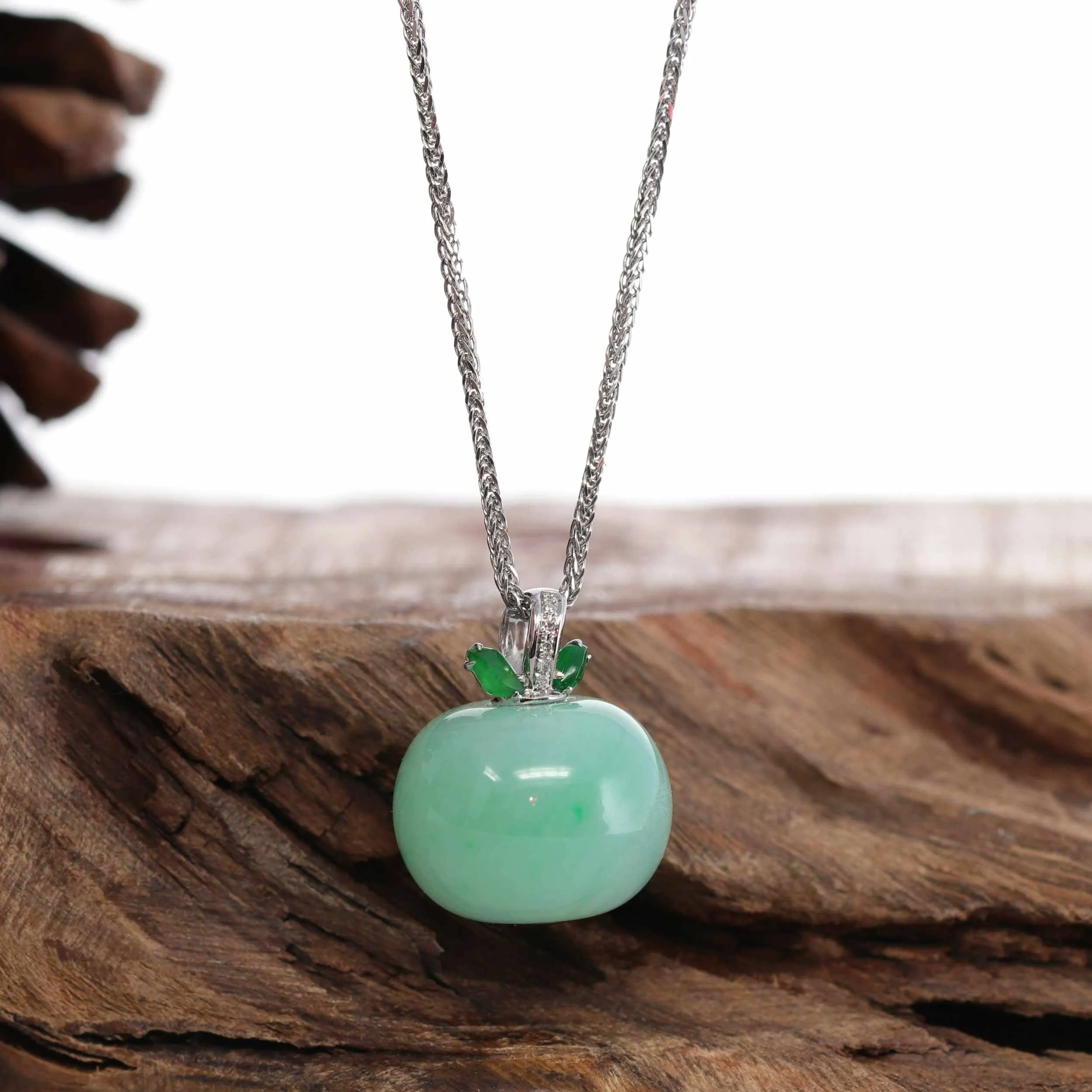 Baikalla™ "Lucky Apple" 18k White Gold Genuine Green Jadeite Jade with VS1 Diamonds