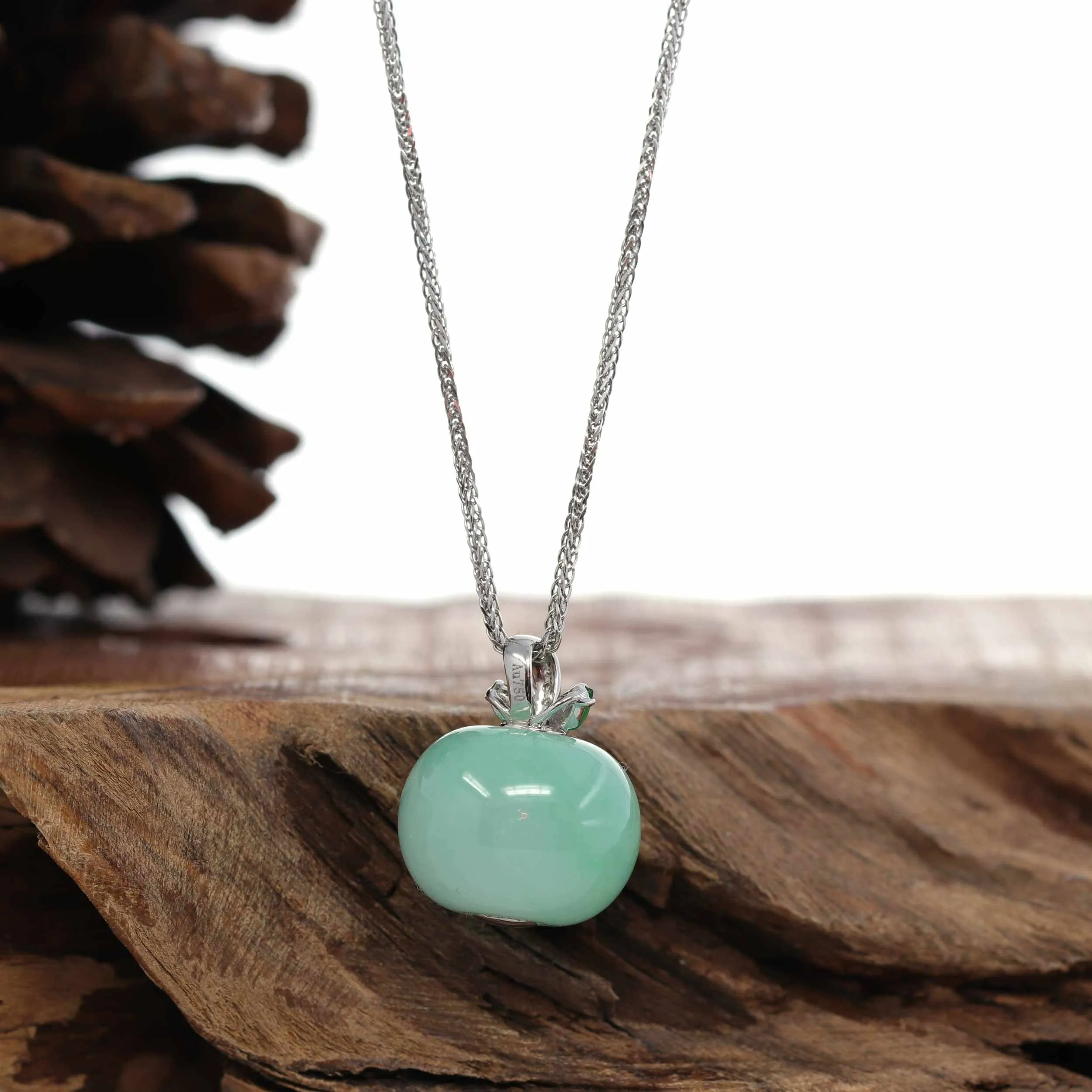 Baikalla™ "Lucky Apple" 18k White Gold Genuine Green Jadeite Jade with VS1 Diamonds