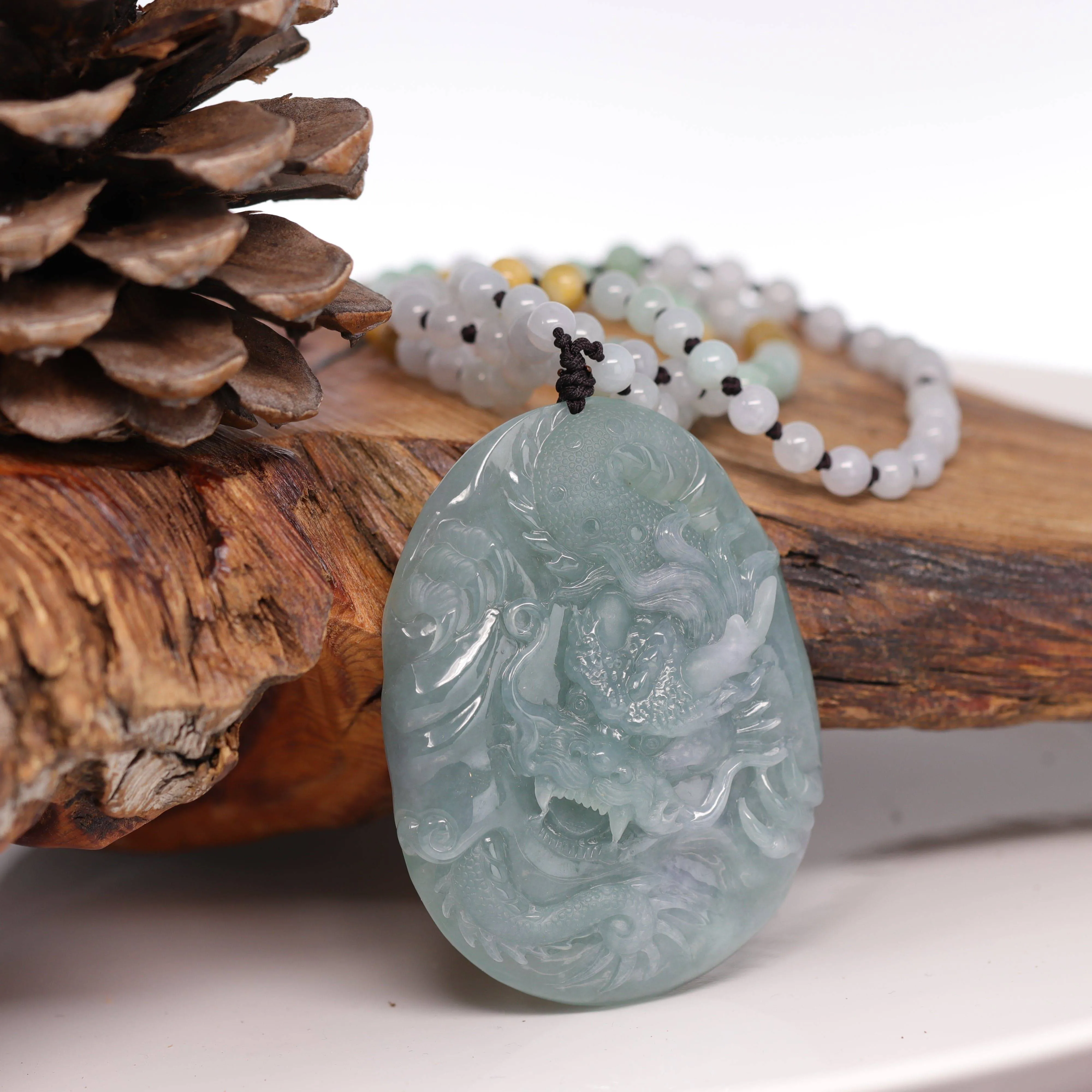Baikalla™ "Soring Dragon" Natural Jadeite Jade Blue Green Pendant Necklace For Men, Collectibles.