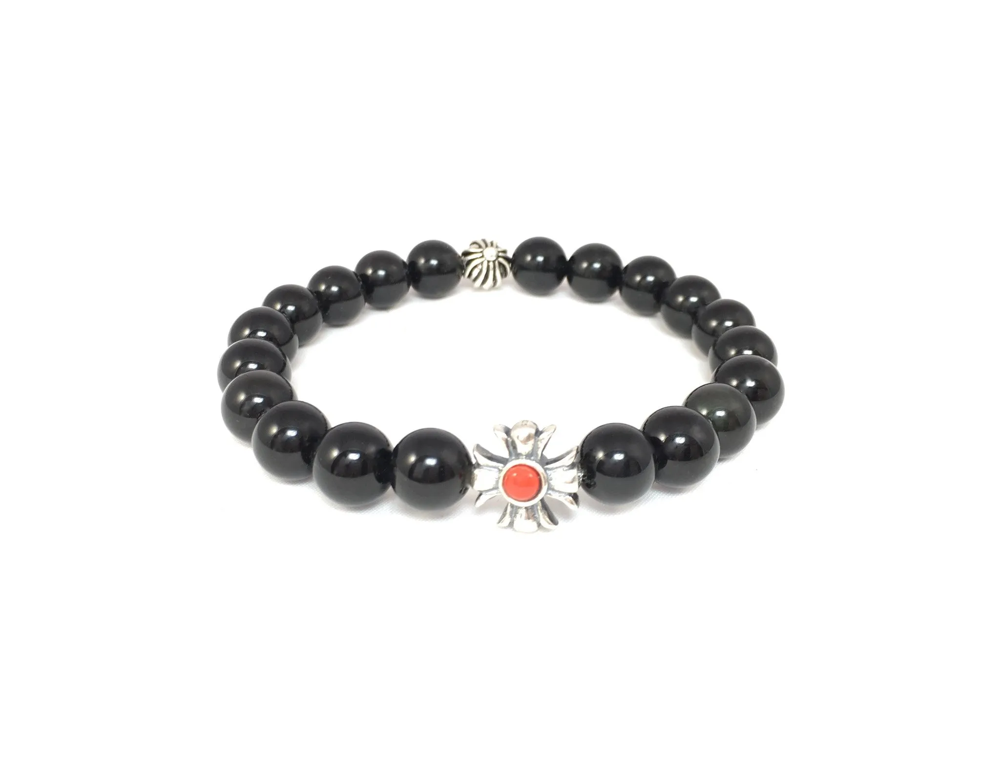 Black Obsidian Bracelet with Sterling Silver & Red Coral/Turquoise Enamel Maltese Cross