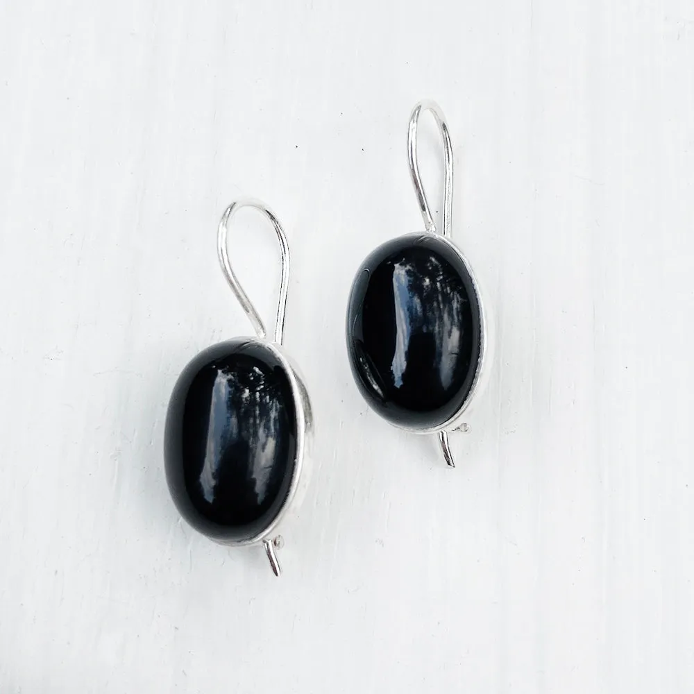 Black Onyx Fixed Hook Silver Earring