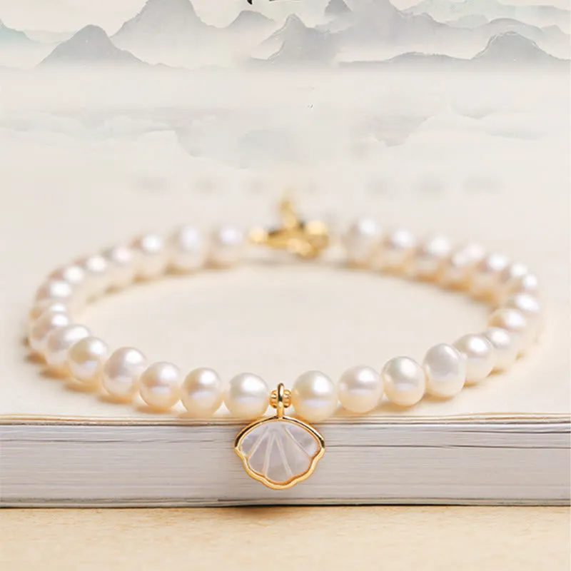 Buddha Stones 14K Gold Plated Natural Pearl Crystal Shell Charm Bead Bracelet