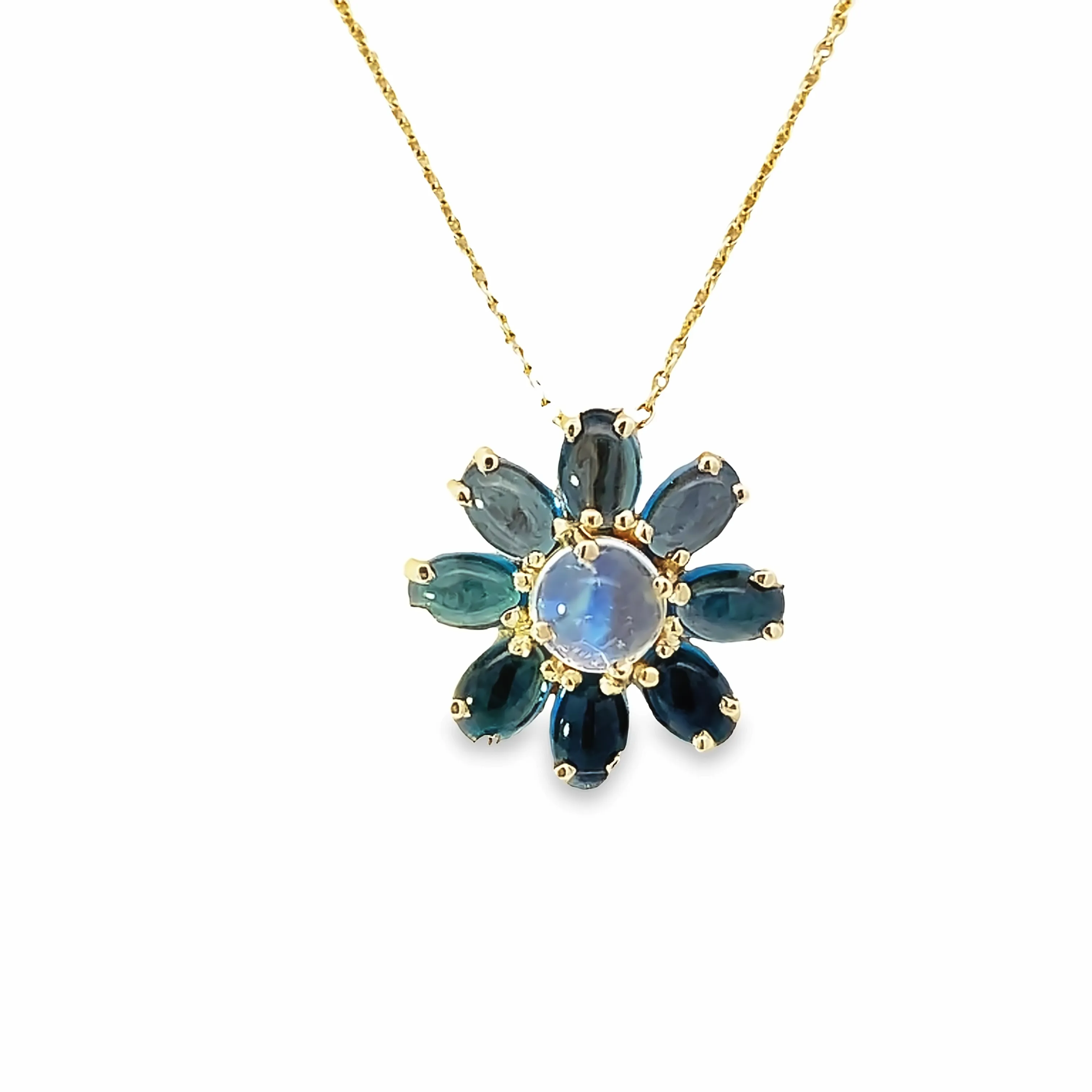 Cabochon London Blue Topaz & Moonstone Flower Necklace - made to order