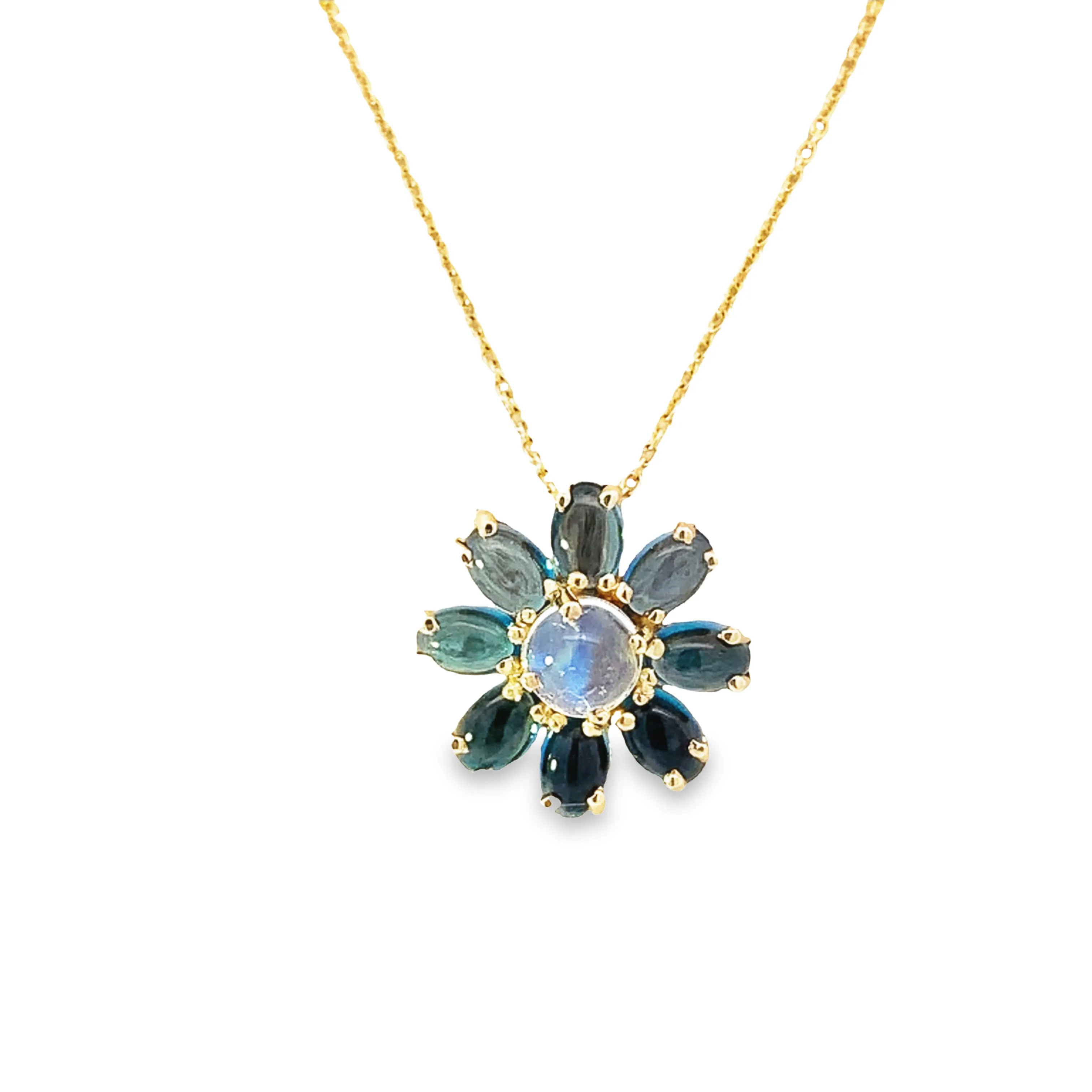 Cabochon London Blue Topaz & Moonstone Flower Necklace - made to order