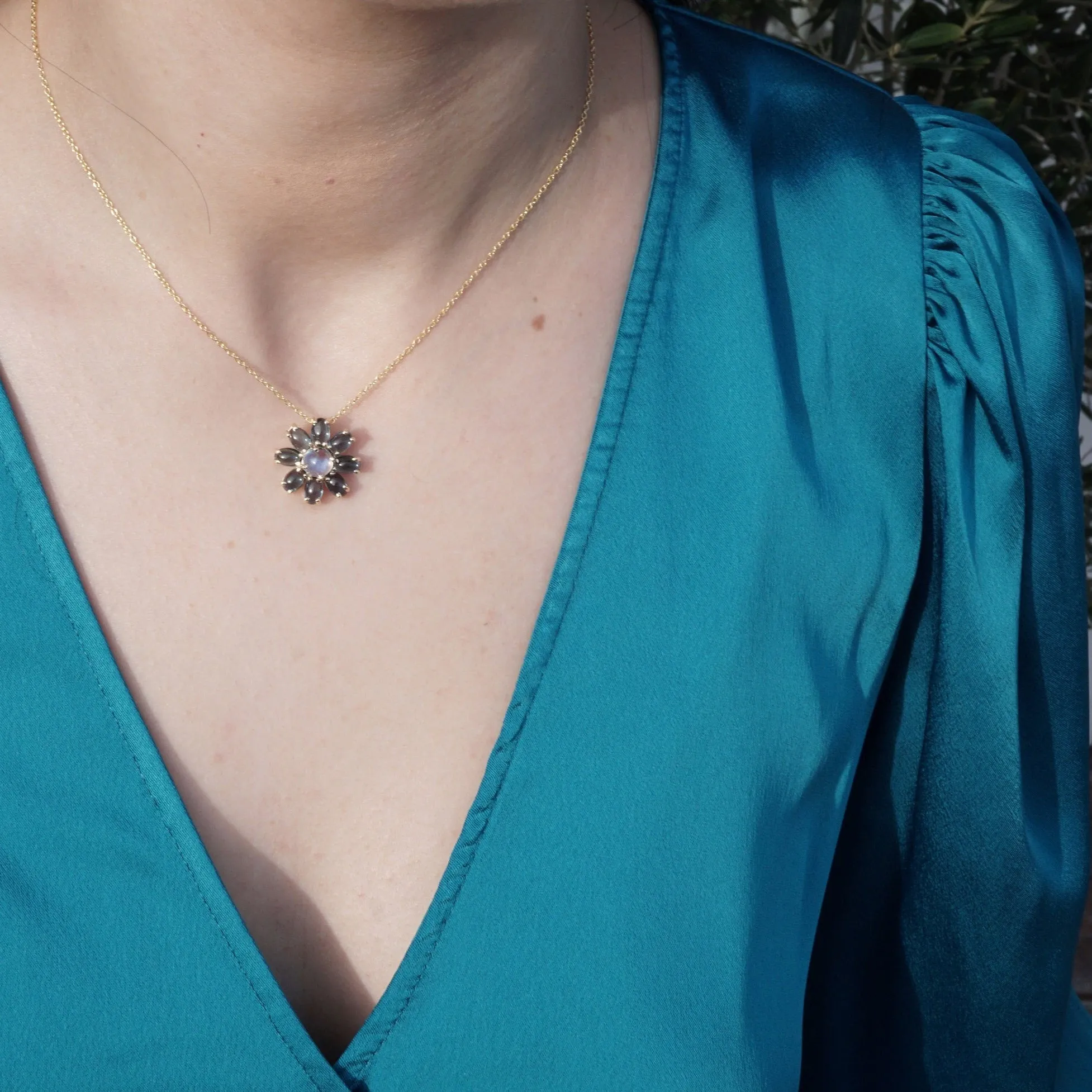 Cabochon London Blue Topaz & Moonstone Flower Necklace - made to order