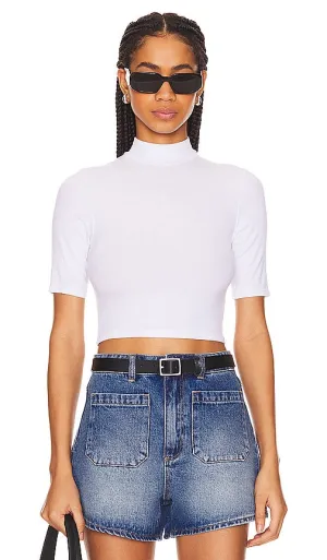 Enza Costa Silk Rib Cropped Half Sleeve Mock Neck in White
