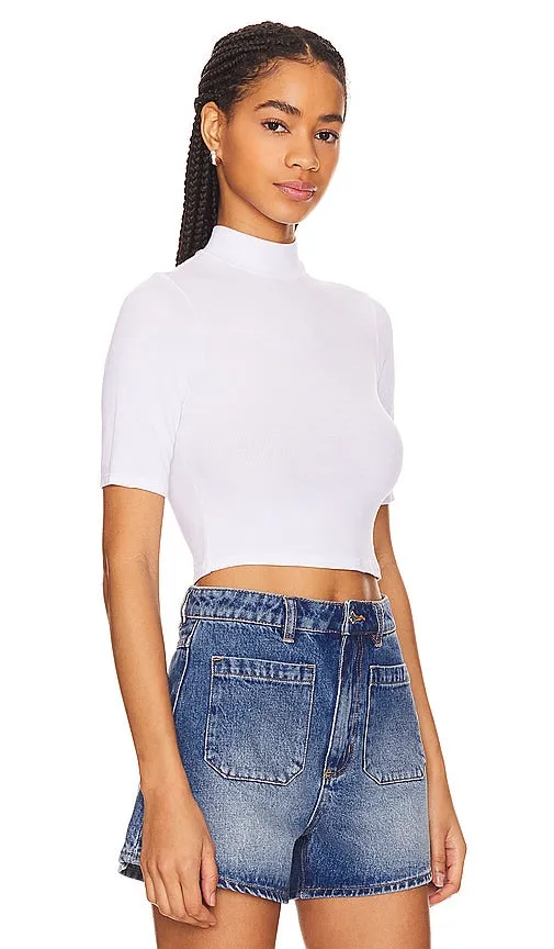 Enza Costa Silk Rib Cropped Half Sleeve Mock Neck in White