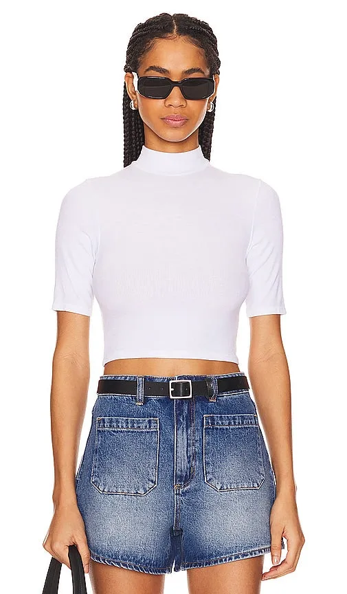 Enza Costa Silk Rib Cropped Half Sleeve Mock Neck in White