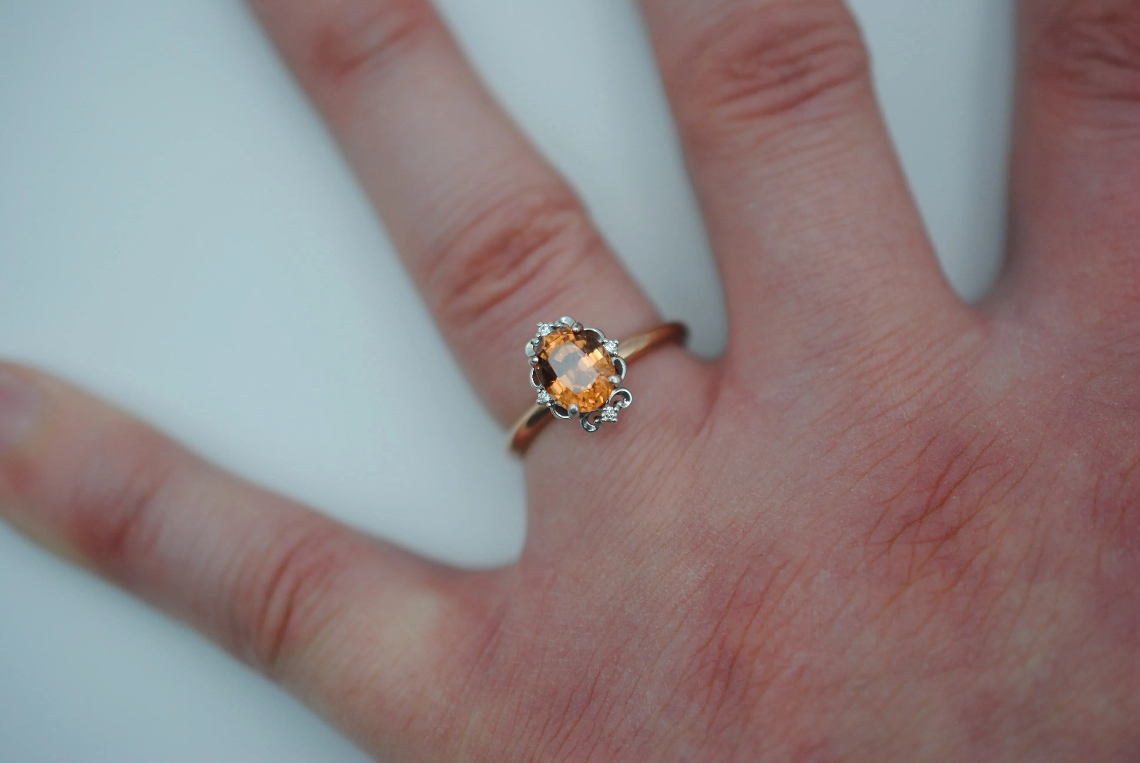 Garnet Ring: Oval Cut, Rose Gold Fill Band, White Gold Vintage Diamond Setting