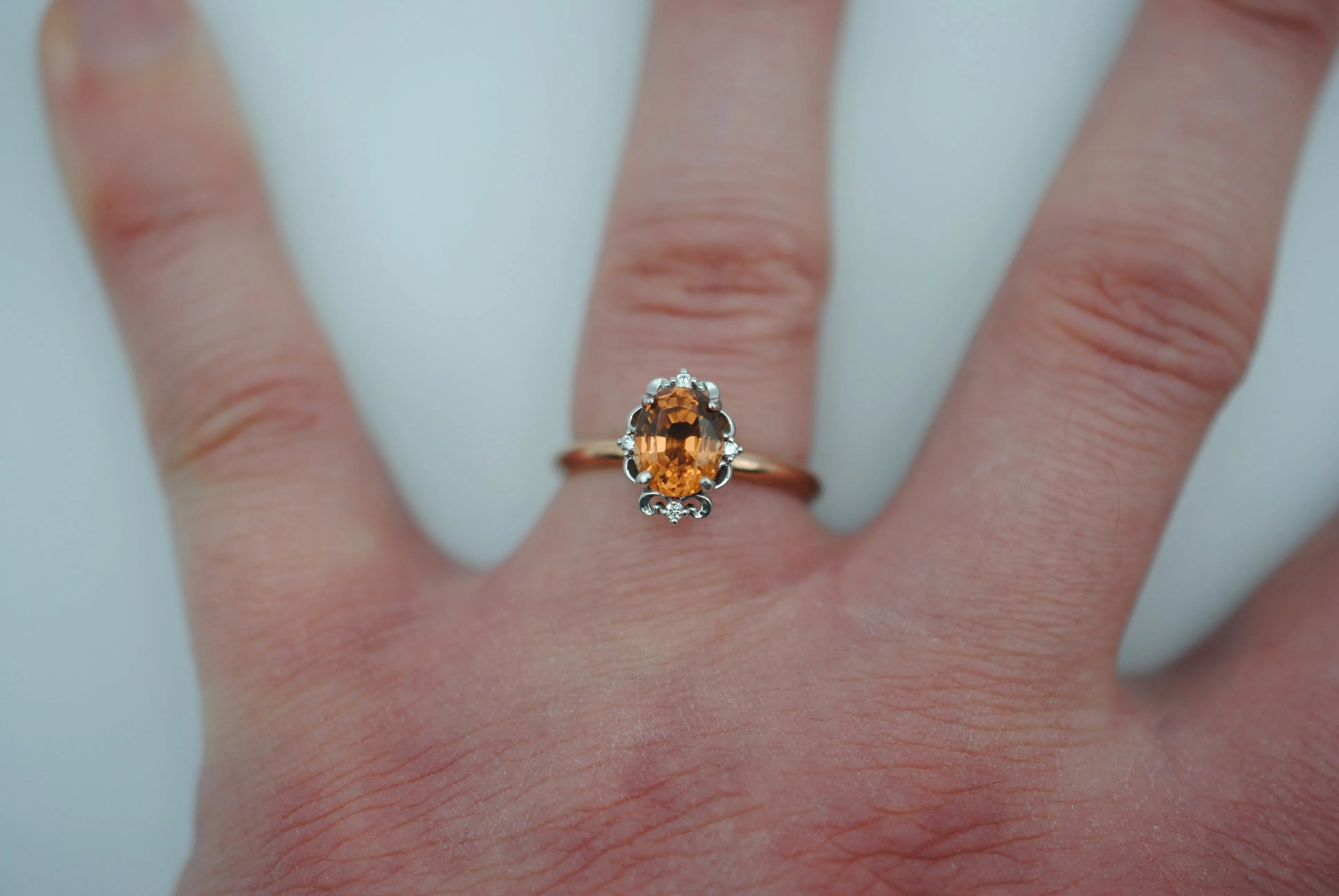 Garnet Ring: Oval Cut, Rose Gold Fill Band, White Gold Vintage Diamond Setting