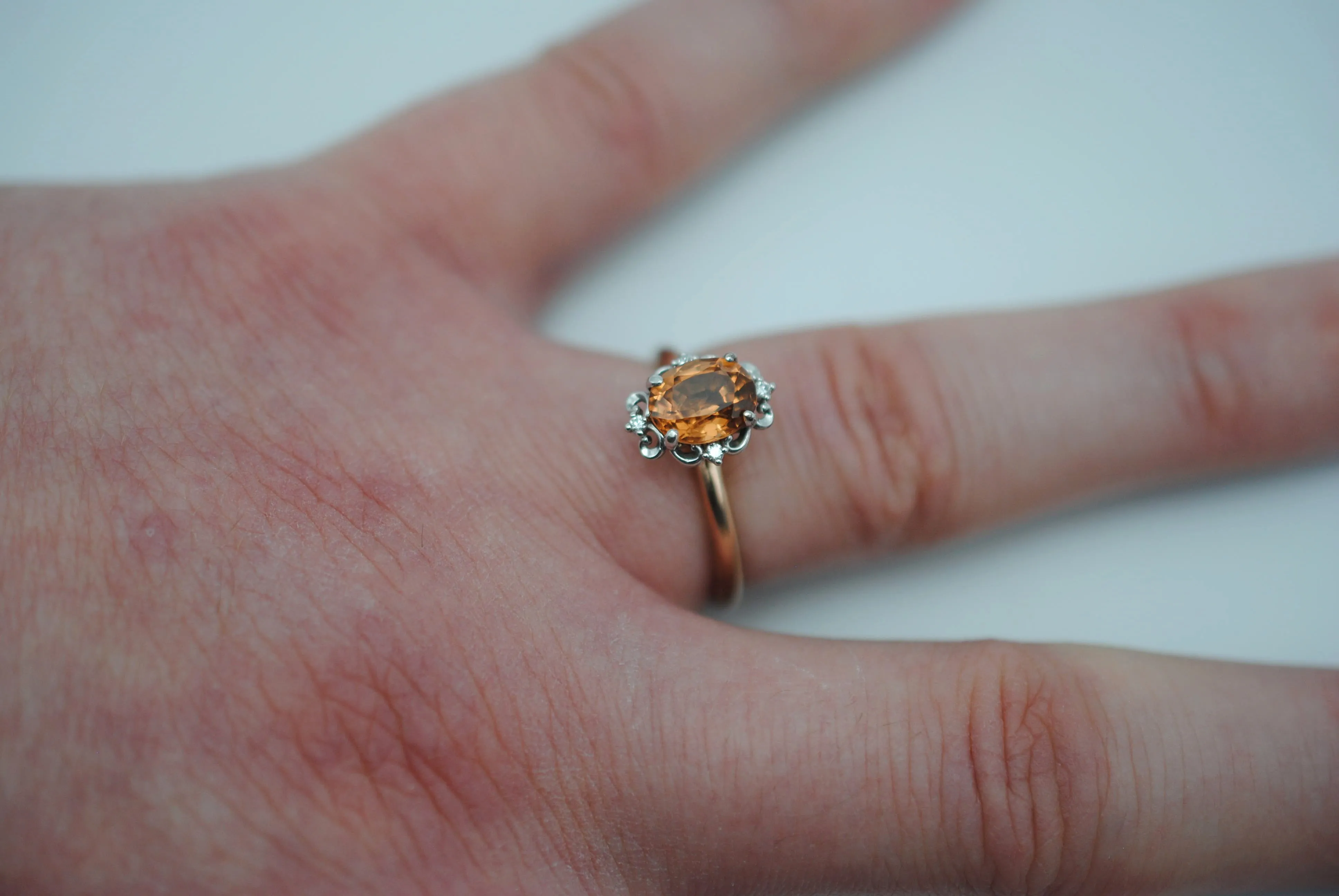 Garnet Ring: Oval Cut, Rose Gold Fill Band, White Gold Vintage Diamond Setting