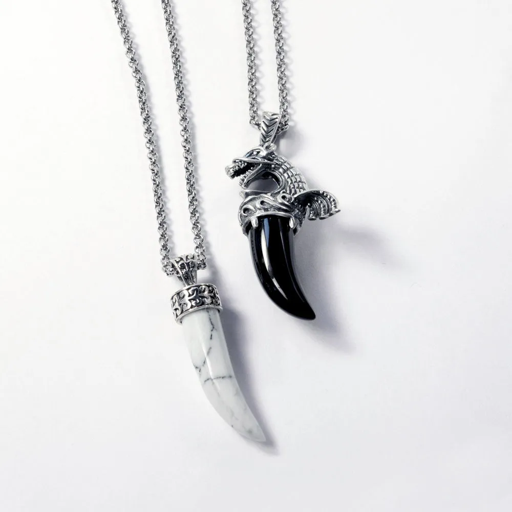 Gemstone Necklace Italian Horn Shark Tooth Amulet Green Jade Pendant