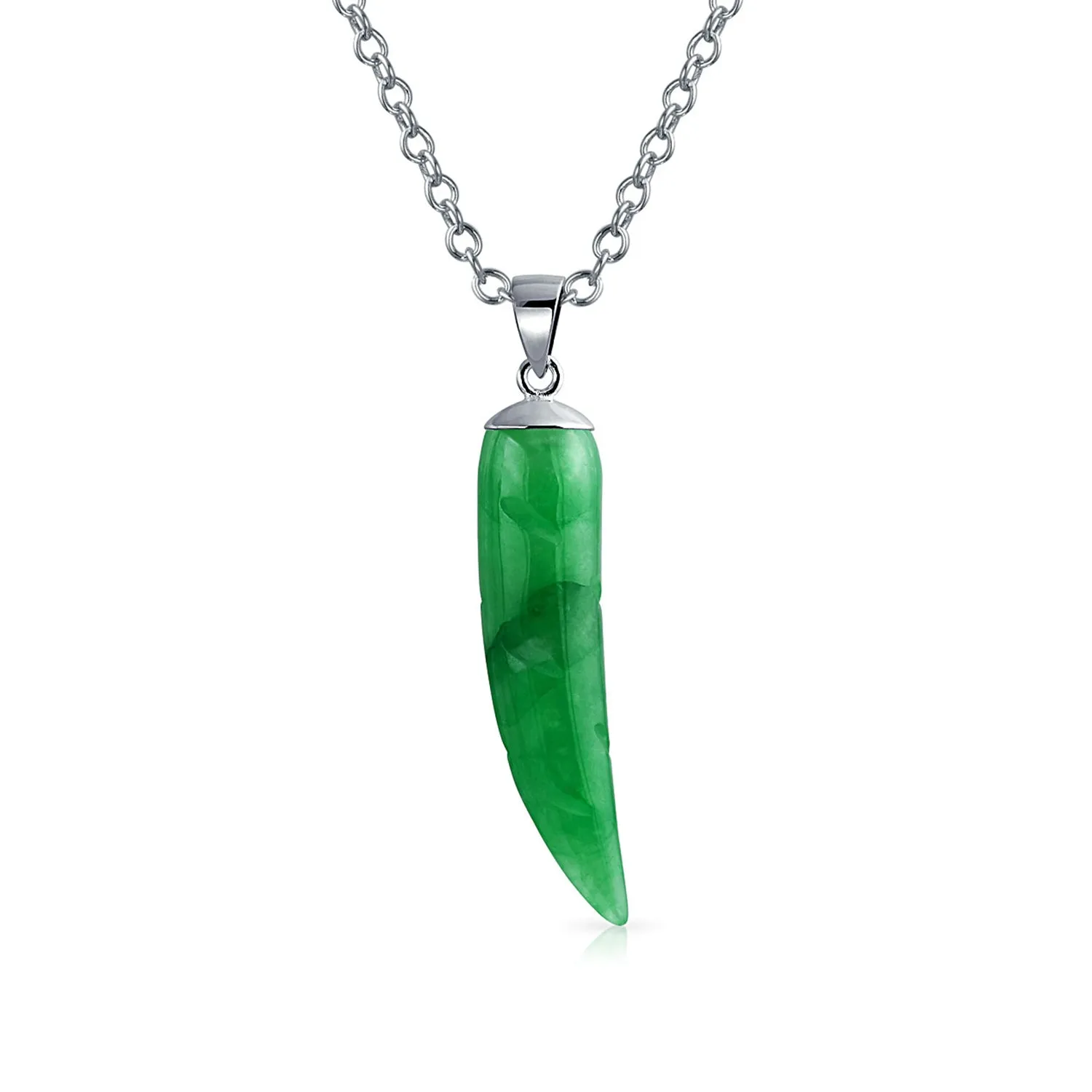 Gemstone Necklace Italian Horn Shark Tooth Amulet Green Jade Pendant