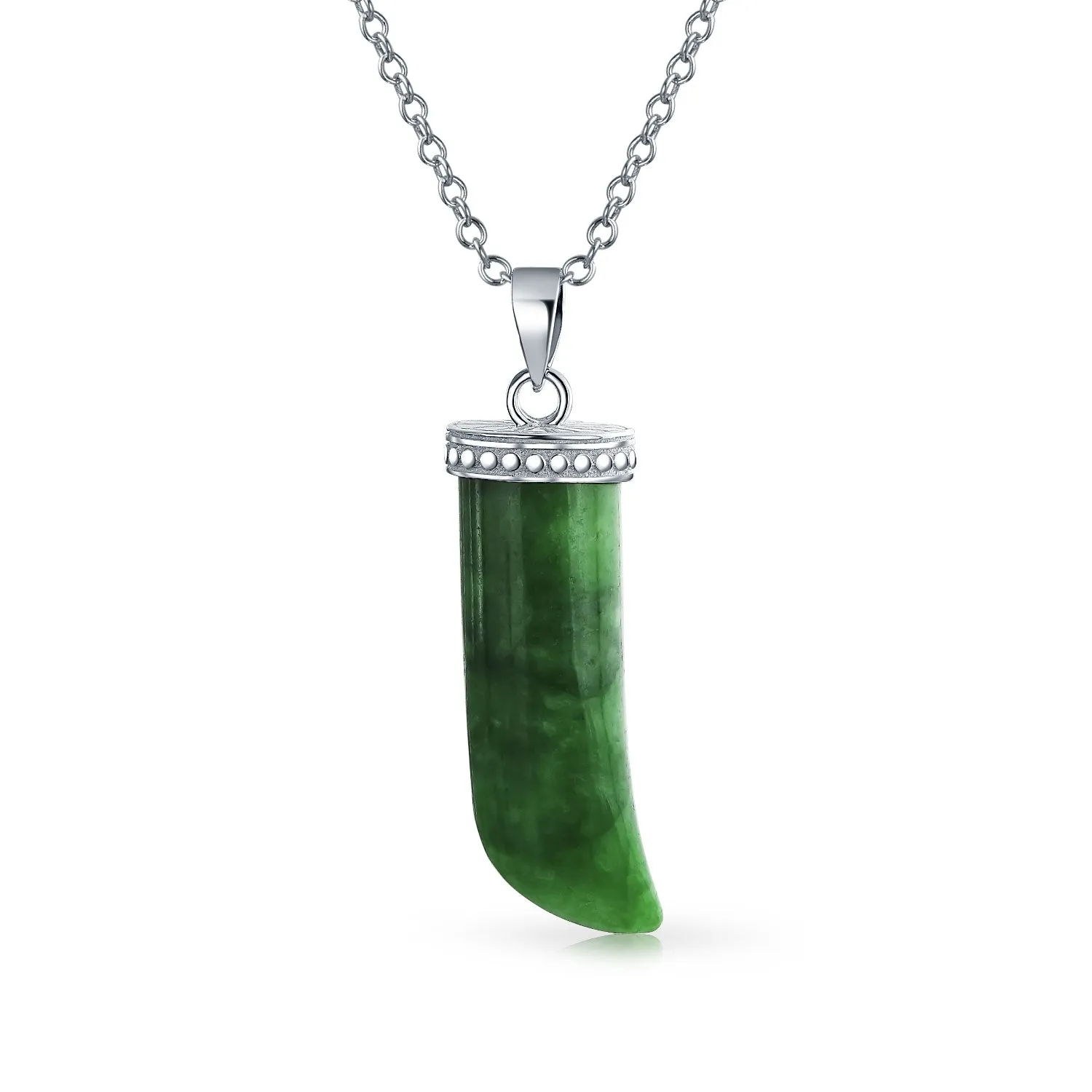 Gemstone Necklace Italian Horn Shark Tooth Amulet Green Jade Pendant