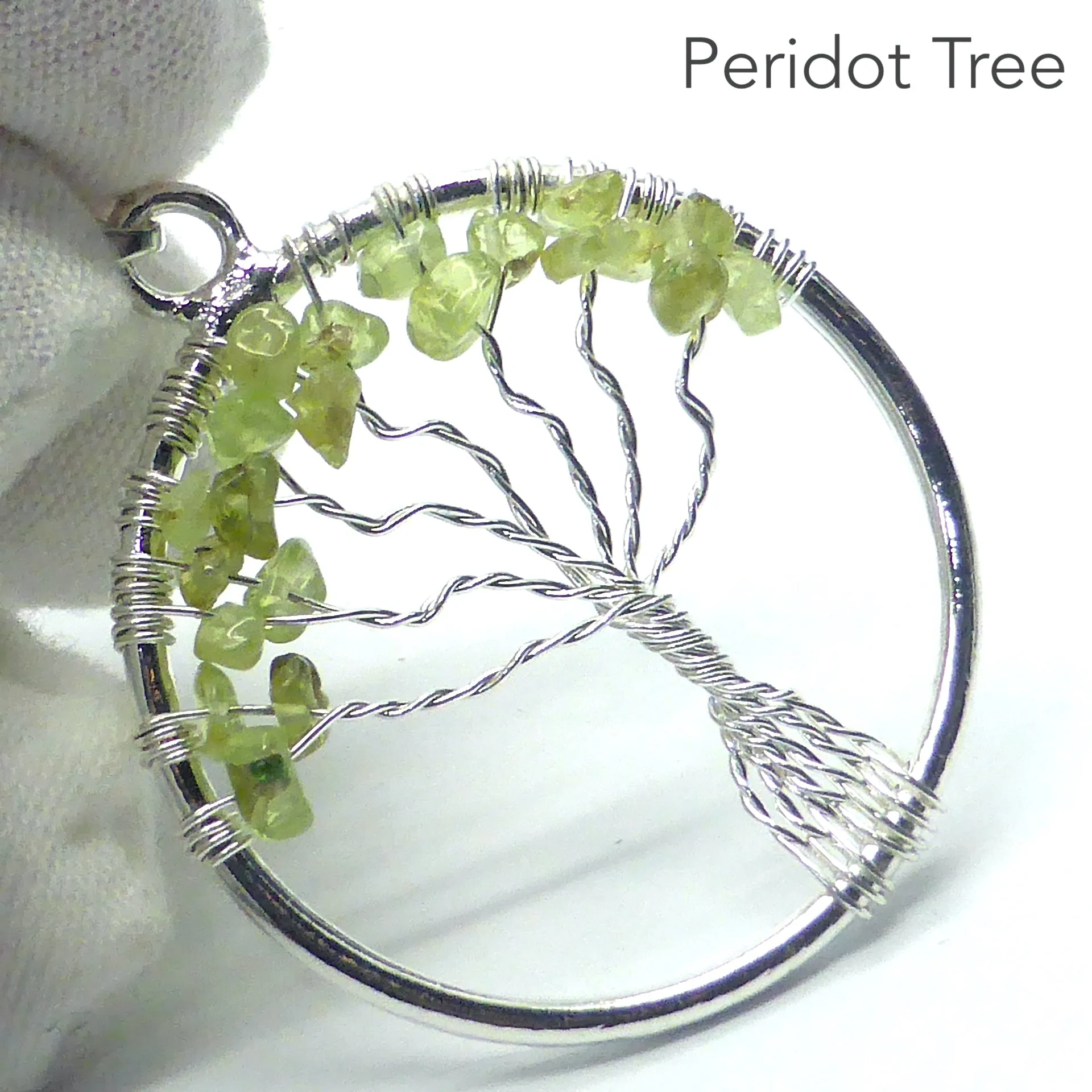 Gemstone Tree Pendant, Peridot Chips, Silver Plated