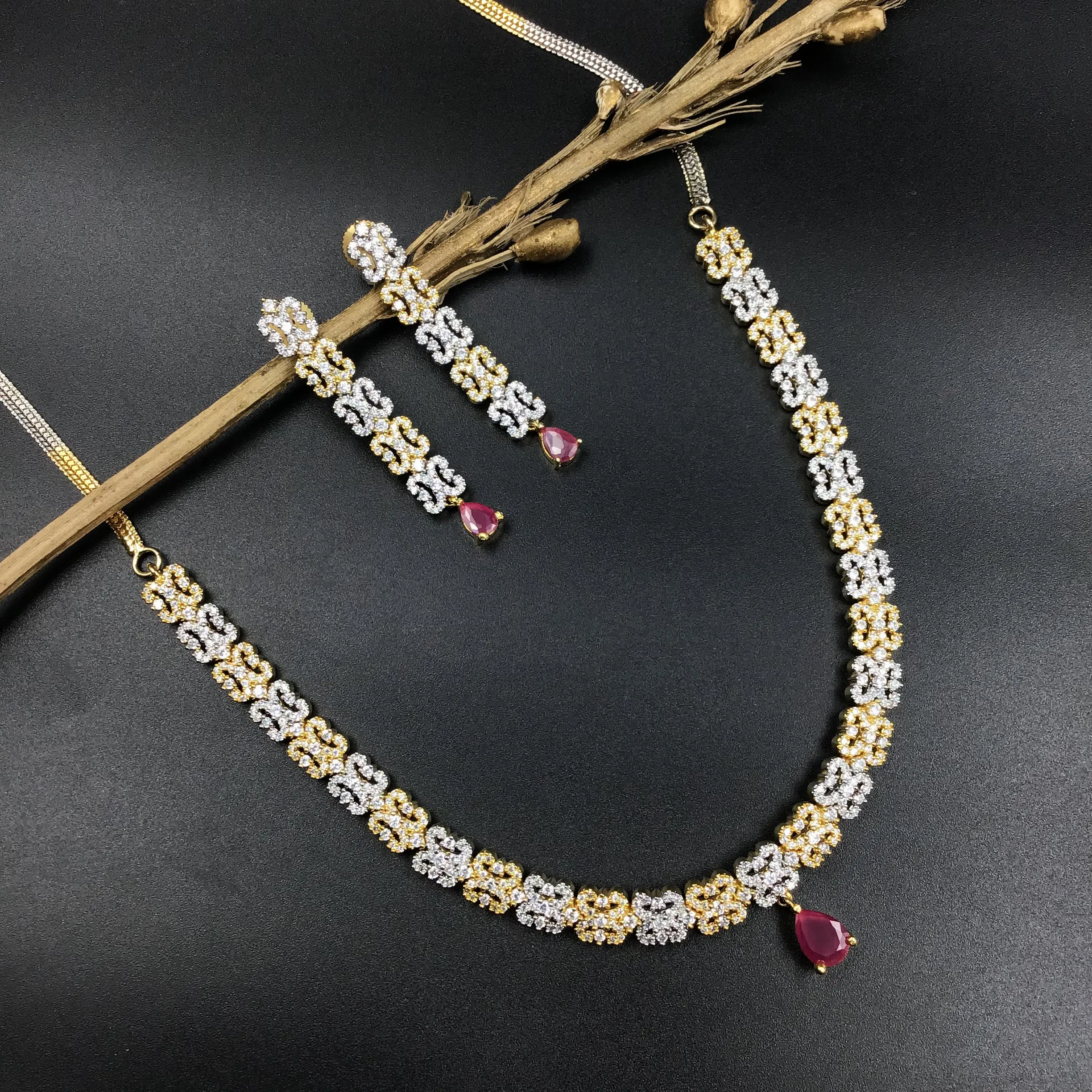 Gold Polish Light Zircon/AD Necklace Set 7608-1185