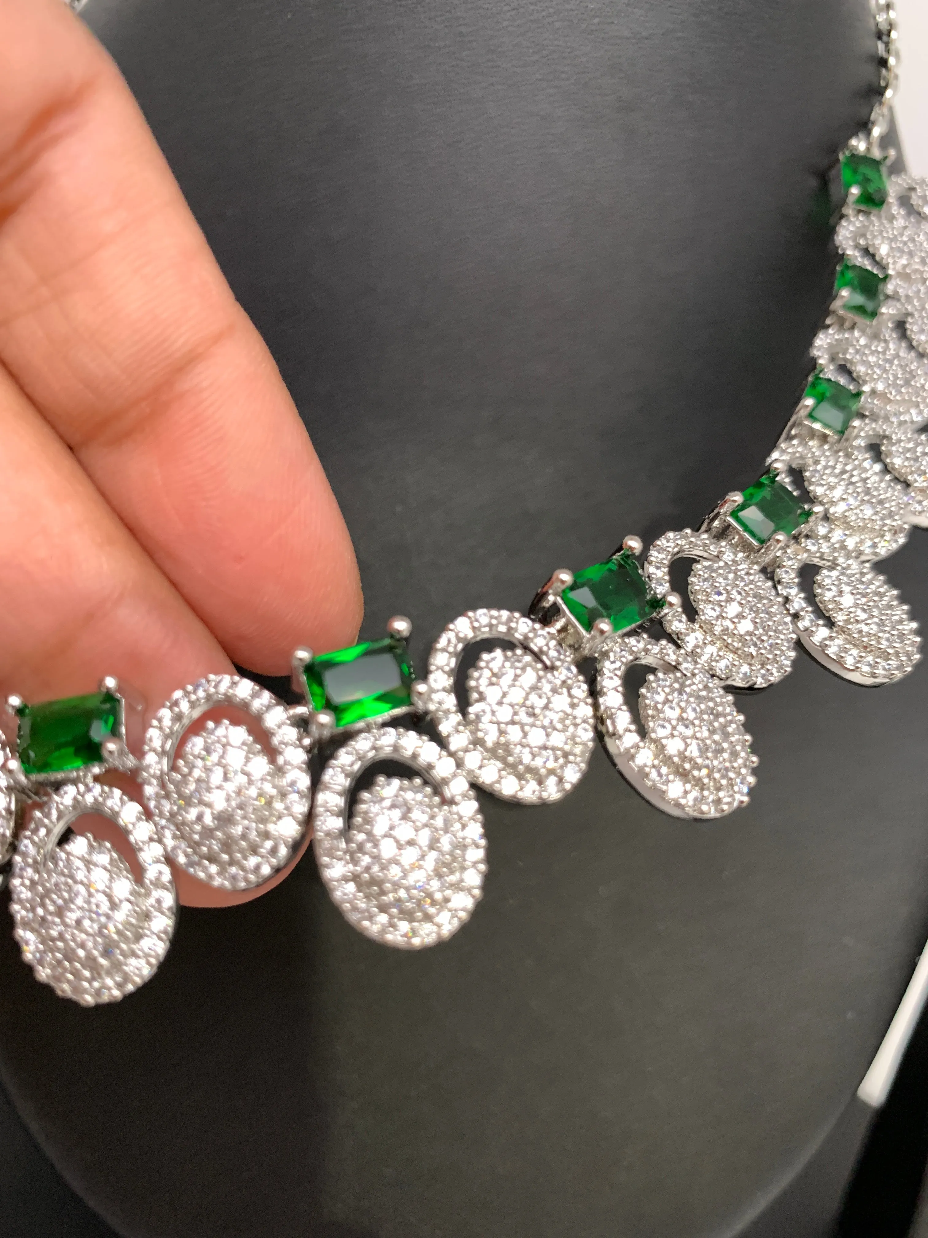 Green Stone Silver Polish American Diamond Short Necklace