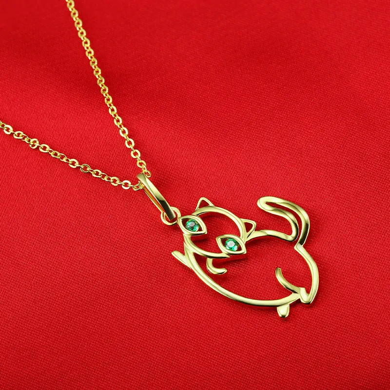 Green Zircon Hollow Cat Pendant Silver Necklace for Women
