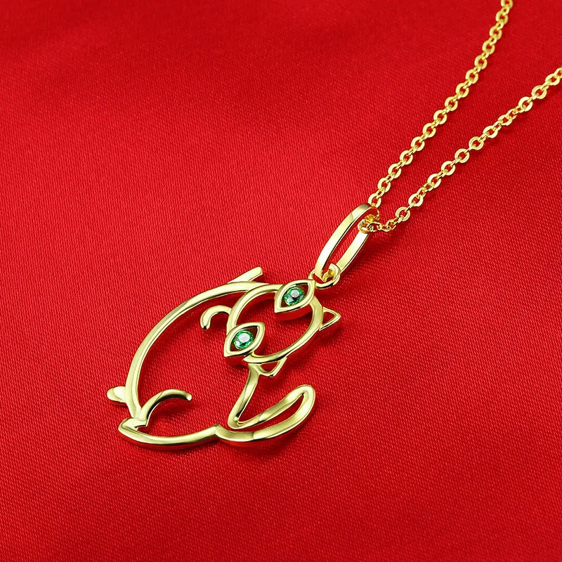 Green Zircon Hollow Cat Pendant Silver Necklace for Women