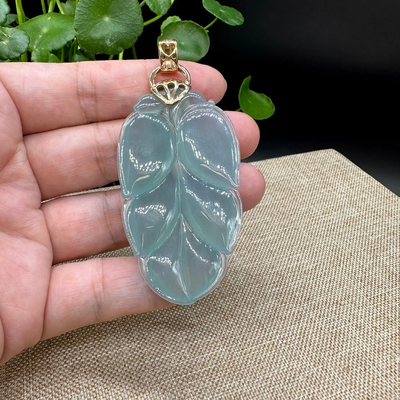 High end Genuine Ice Jadeite Jade Jin Zhi Yu Ye (Leaf) Necklace With Rose Gold SI Diamond Bail