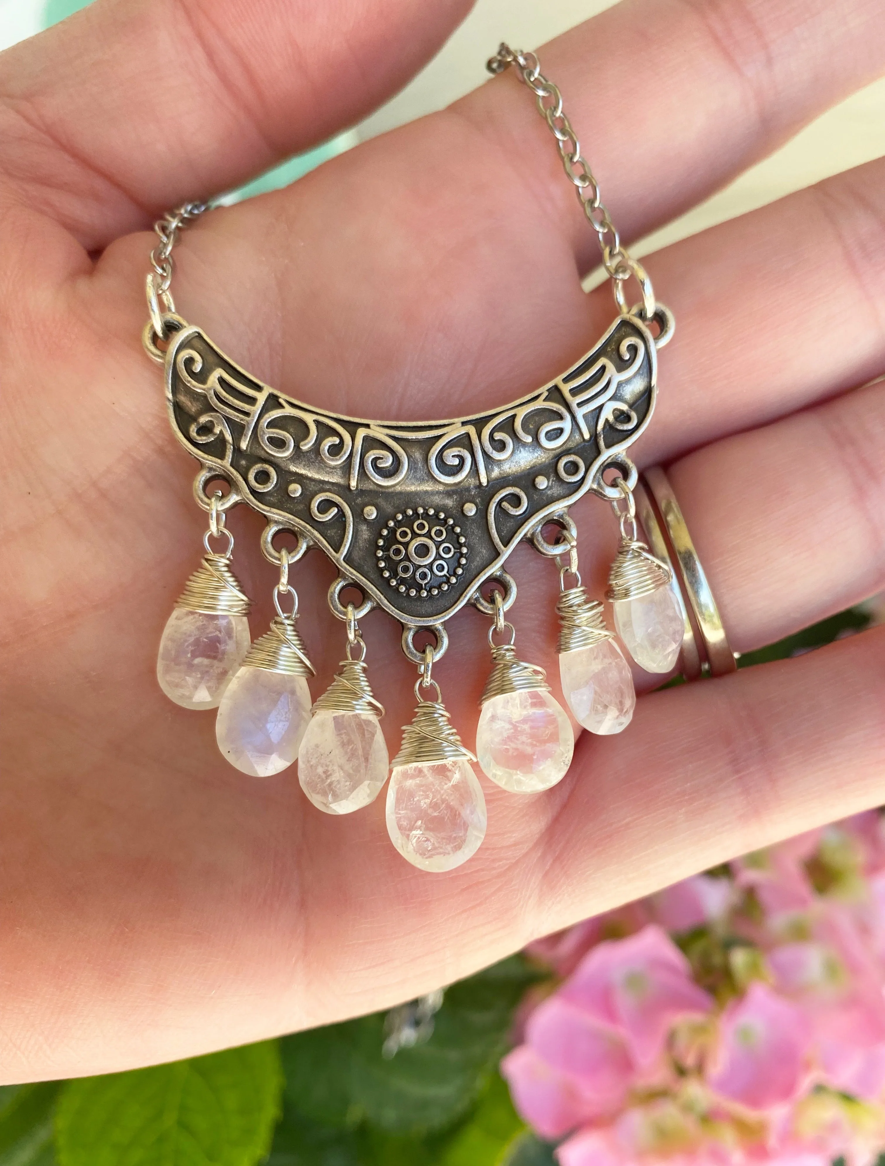 Moonstone, wire wrapped, silver metal, pendant, necklace, jewelry