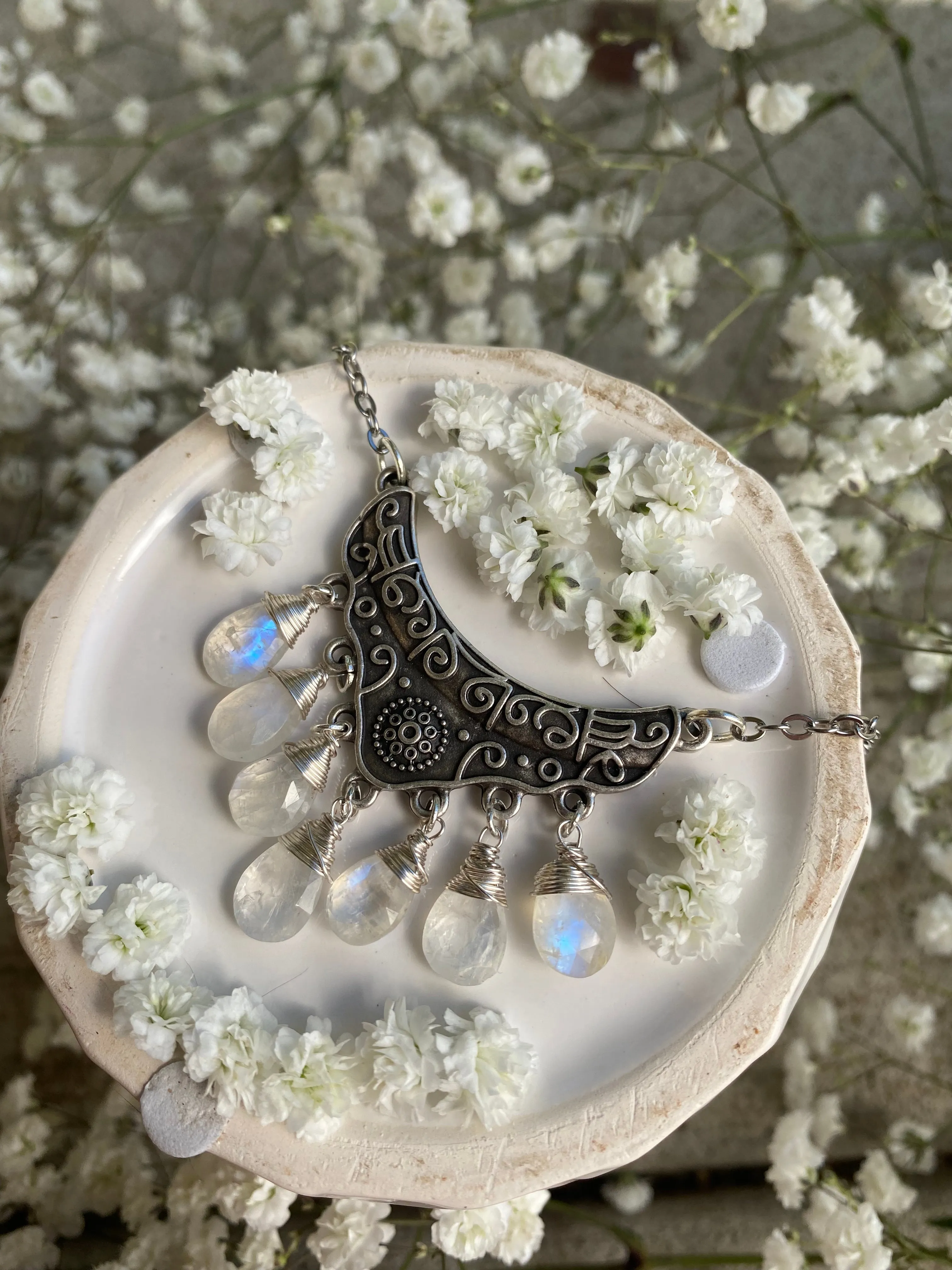 Moonstone, wire wrapped, silver metal, pendant, necklace, jewelry