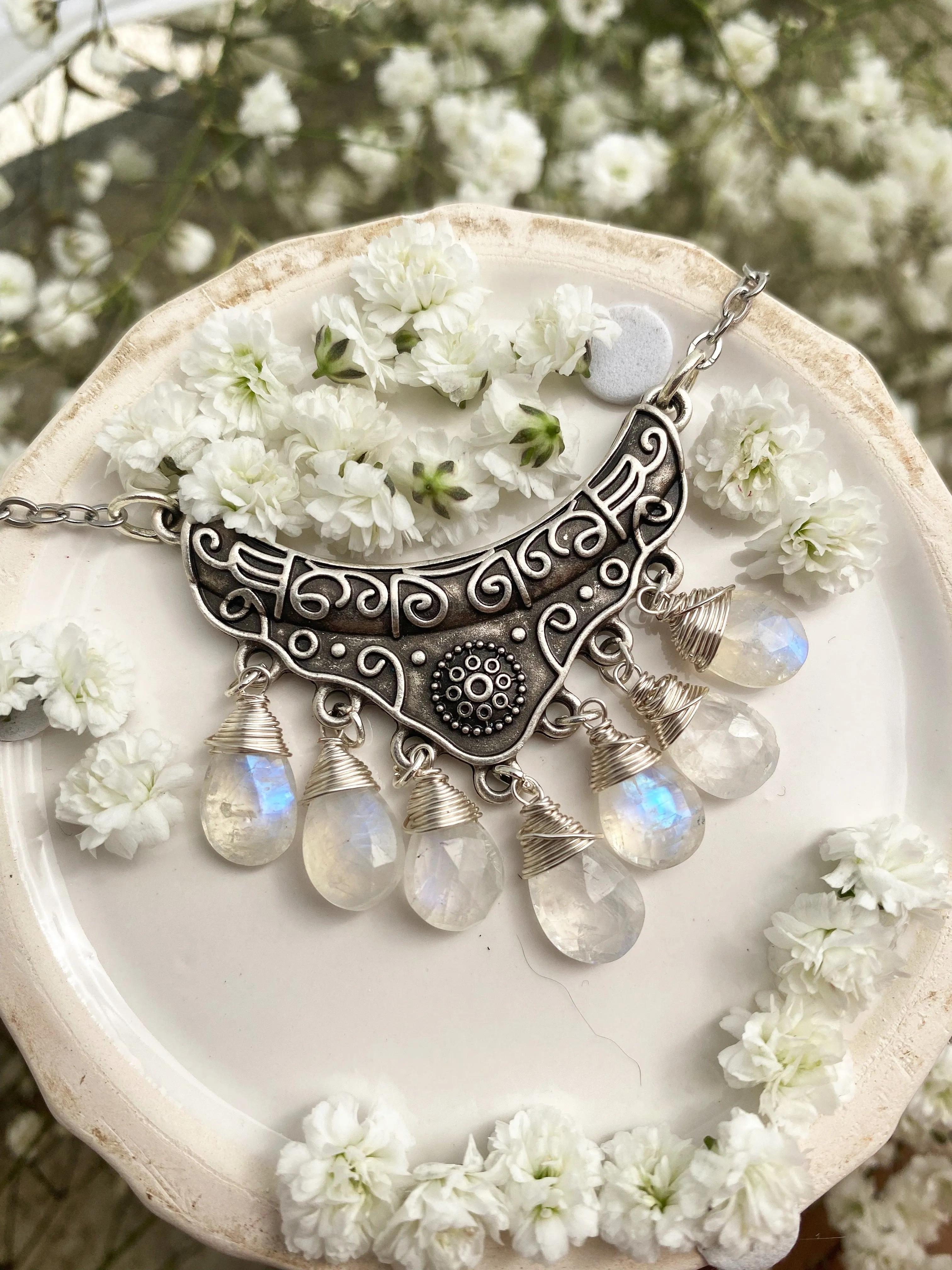 Moonstone, wire wrapped, silver metal, pendant, necklace, jewelry
