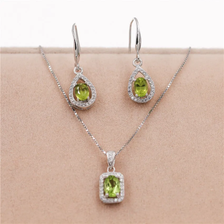 Natural Gemstone Green Peridot Hook Earrings Women Halo Pendant Necklace Pure Silver 925 Fine Jewelry Sets with Box
