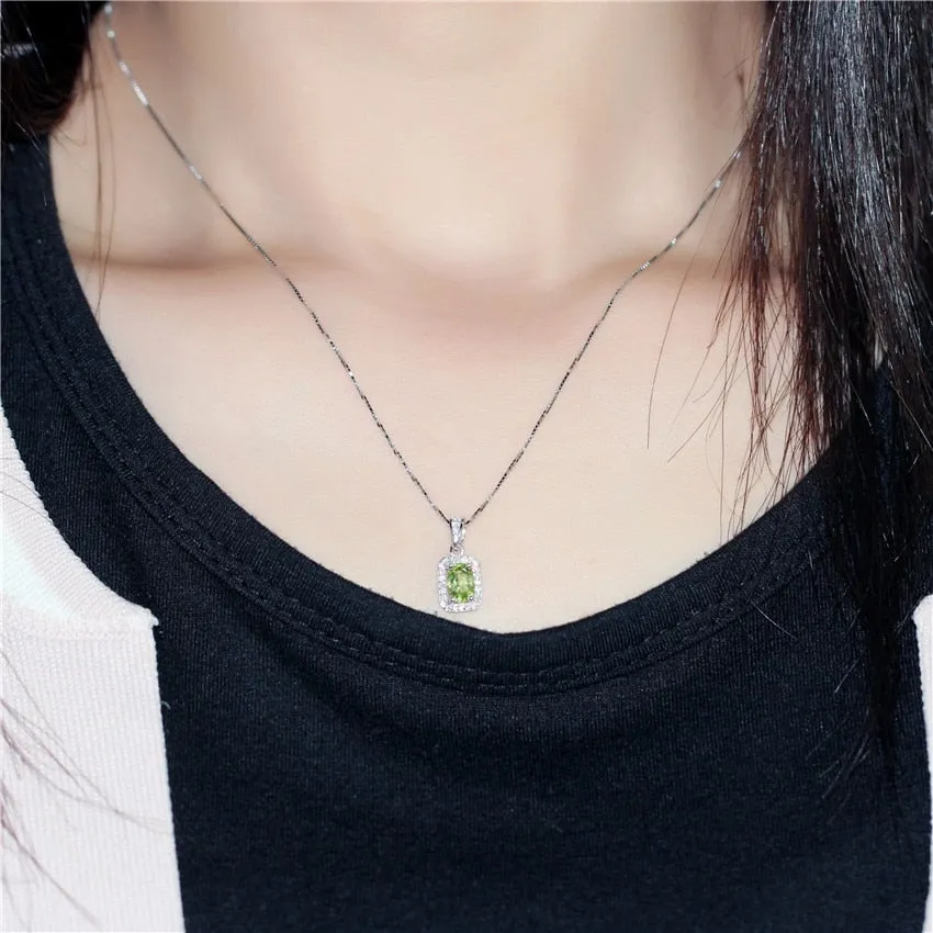 Natural Gemstone Green Peridot Hook Earrings Women Halo Pendant Necklace Pure Silver 925 Fine Jewelry Sets with Box