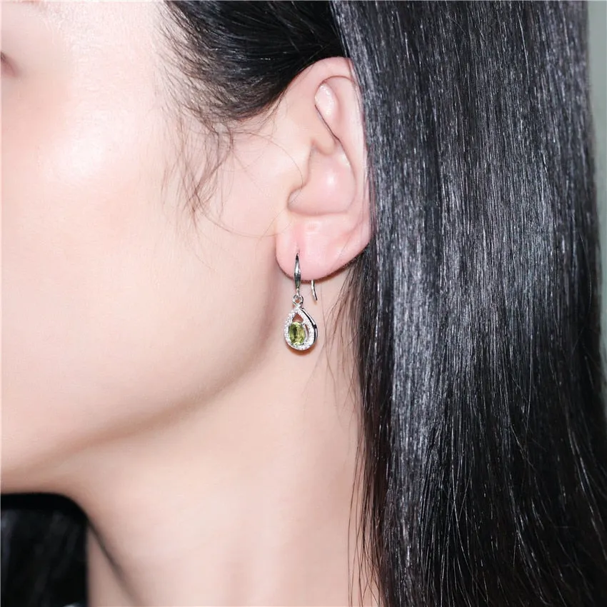 Natural Gemstone Green Peridot Hook Earrings Women Halo Pendant Necklace Pure Silver 925 Fine Jewelry Sets with Box
